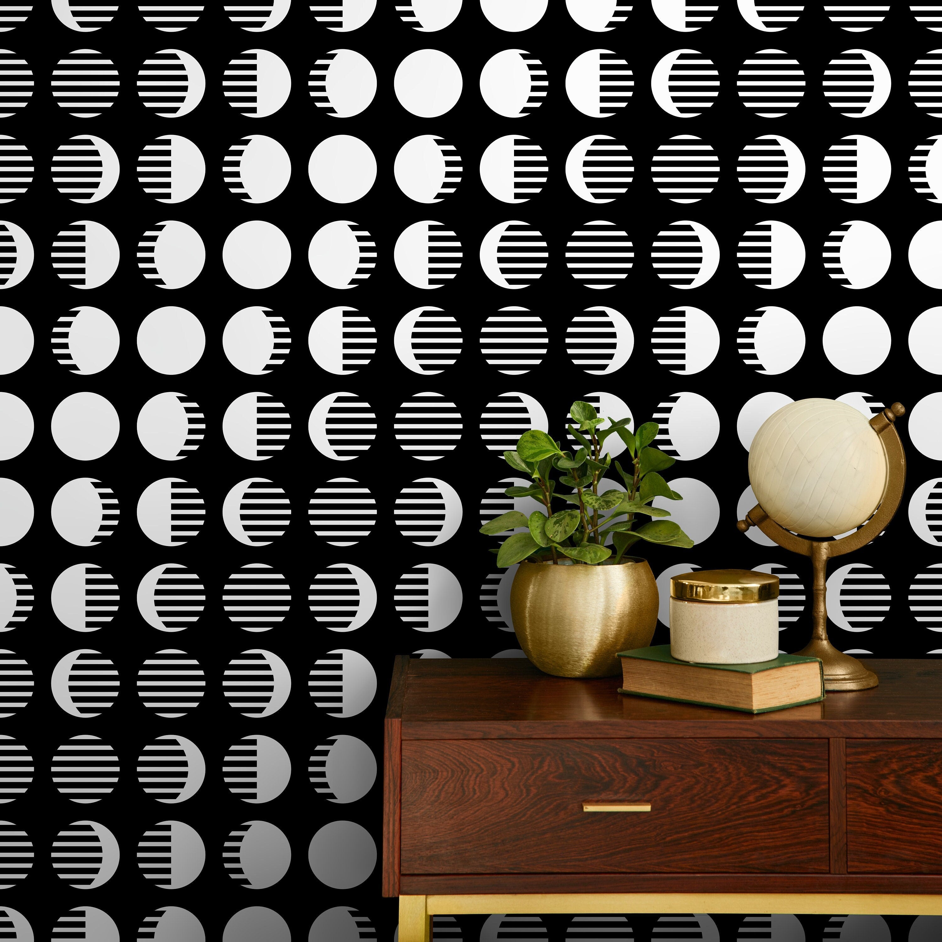 Celestial Wallpaper With A Modern Moon Phase Motif In Black And White - D941