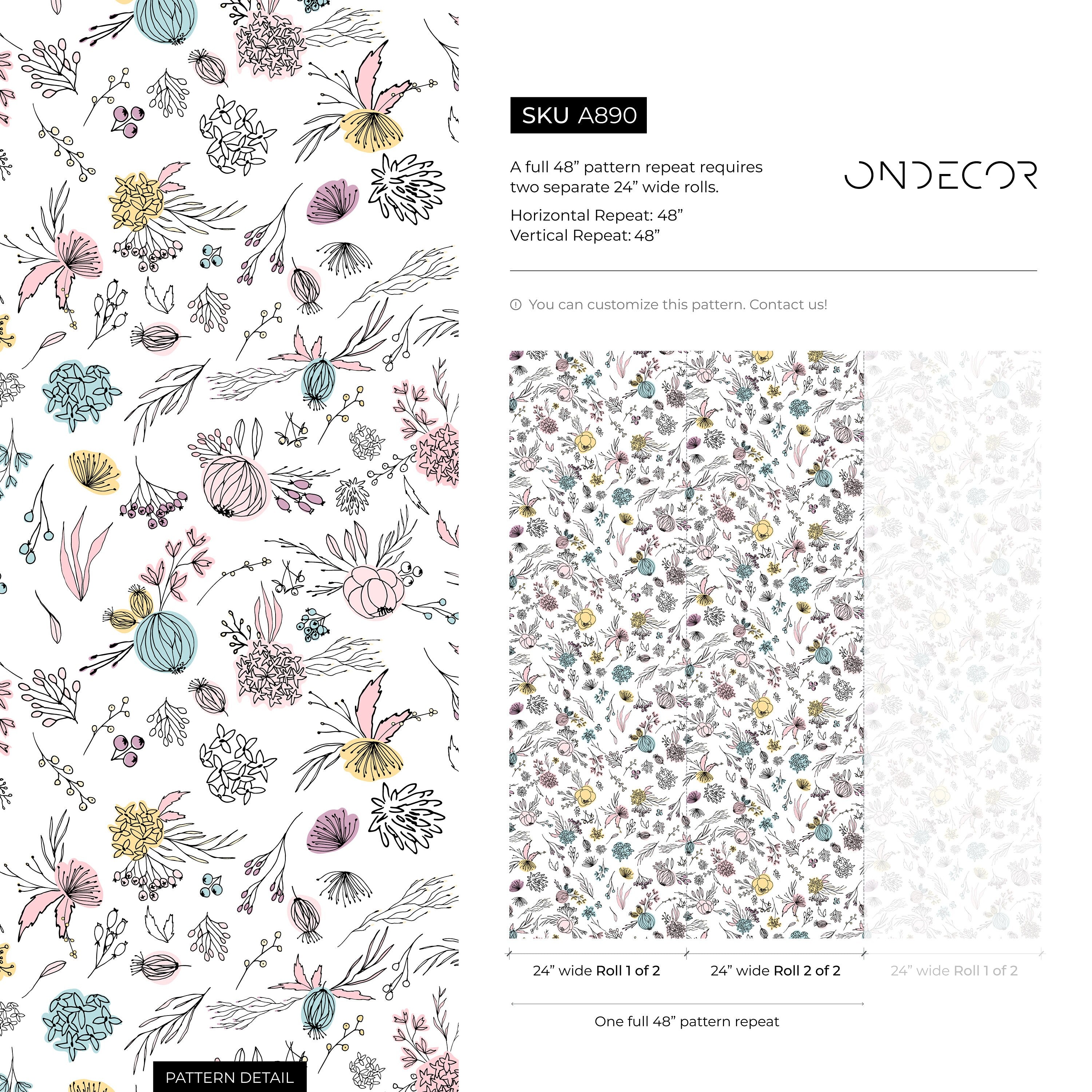 Floral Wallpaper With Hand-drawn Blooms In Pink, Blue, And Yellow - A890