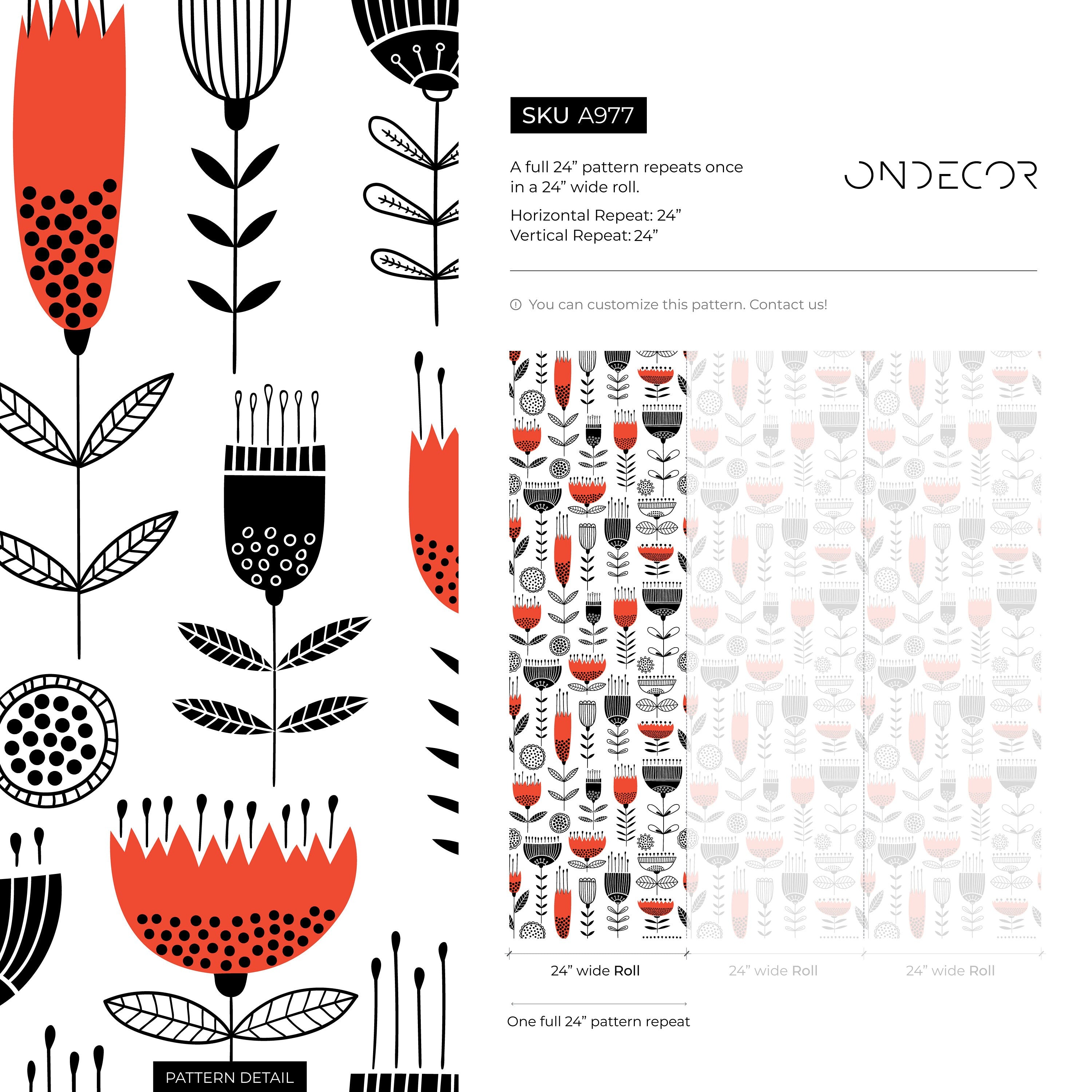 Scandinavian Wallpaper With A Folk Art Floral Motif In Red And Black - A977