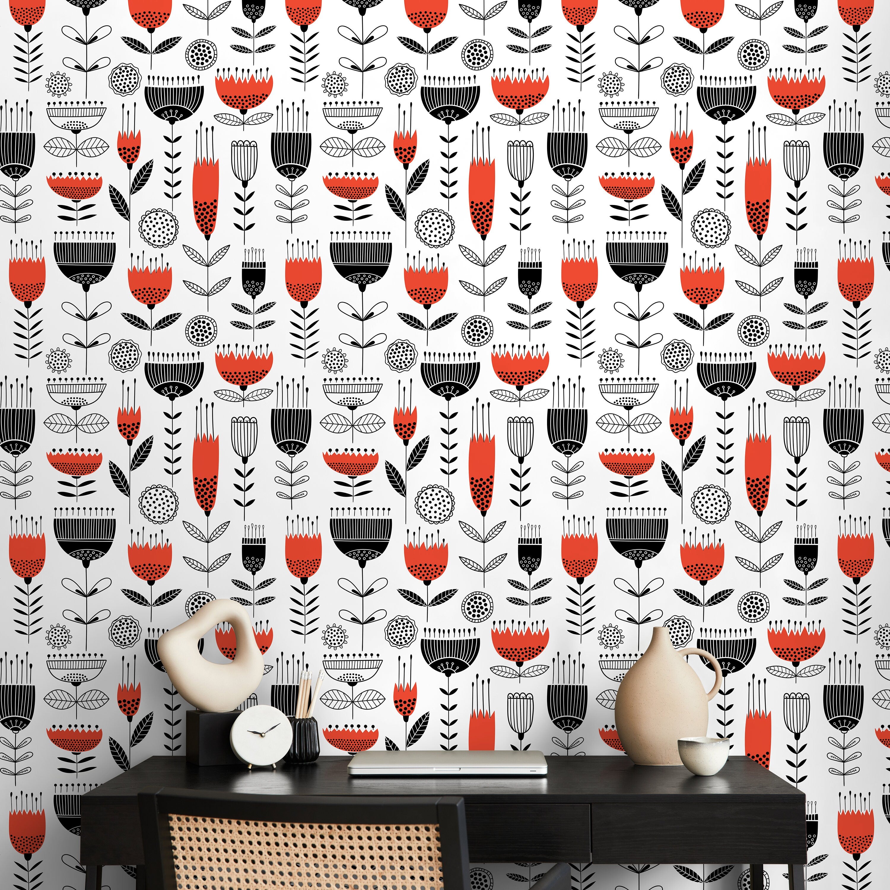 Scandinavian Wallpaper With A Folk Art Floral Motif In Red And Black - A977