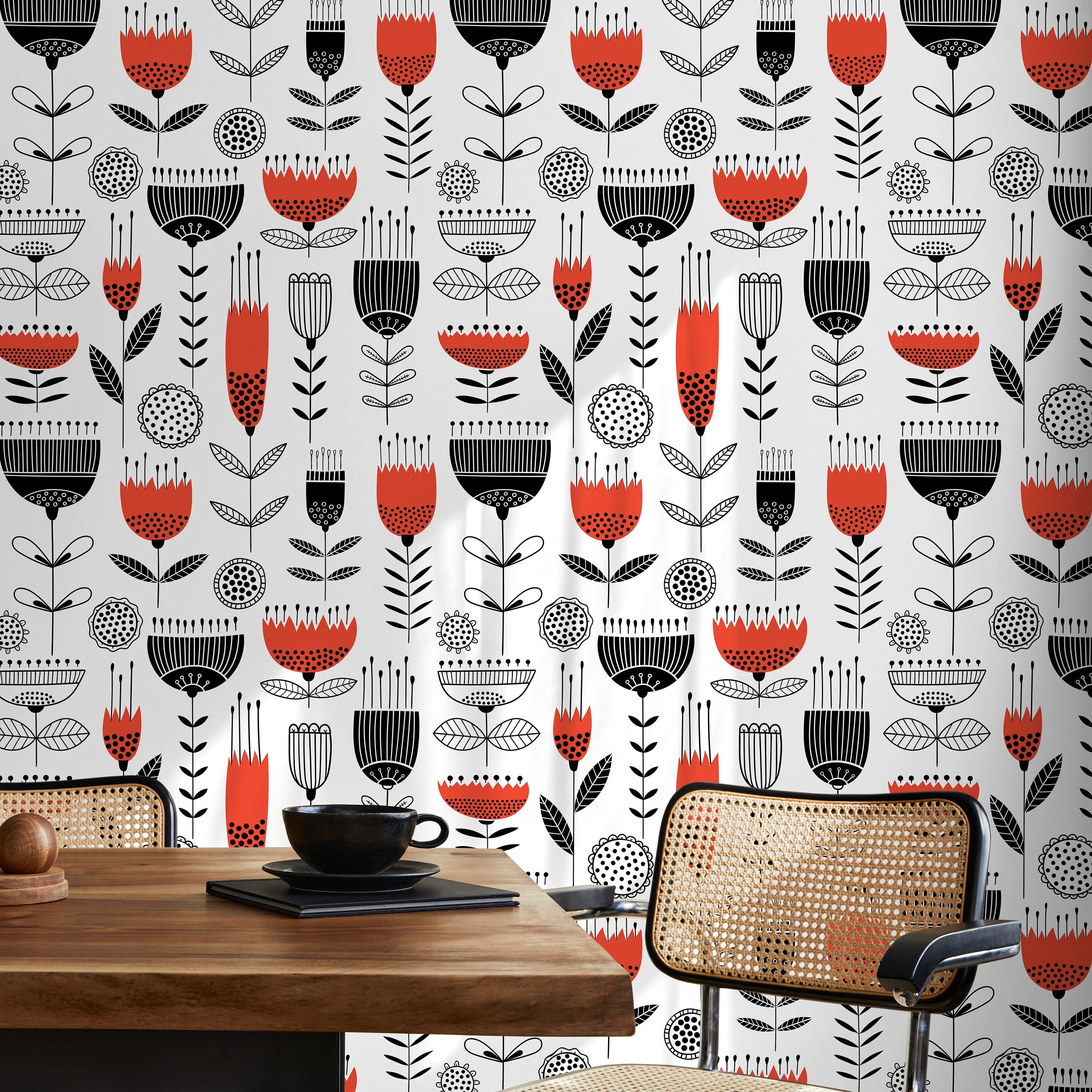 Scandinavian Wallpaper With A Folk Art Floral Motif In Red And Black - A977
