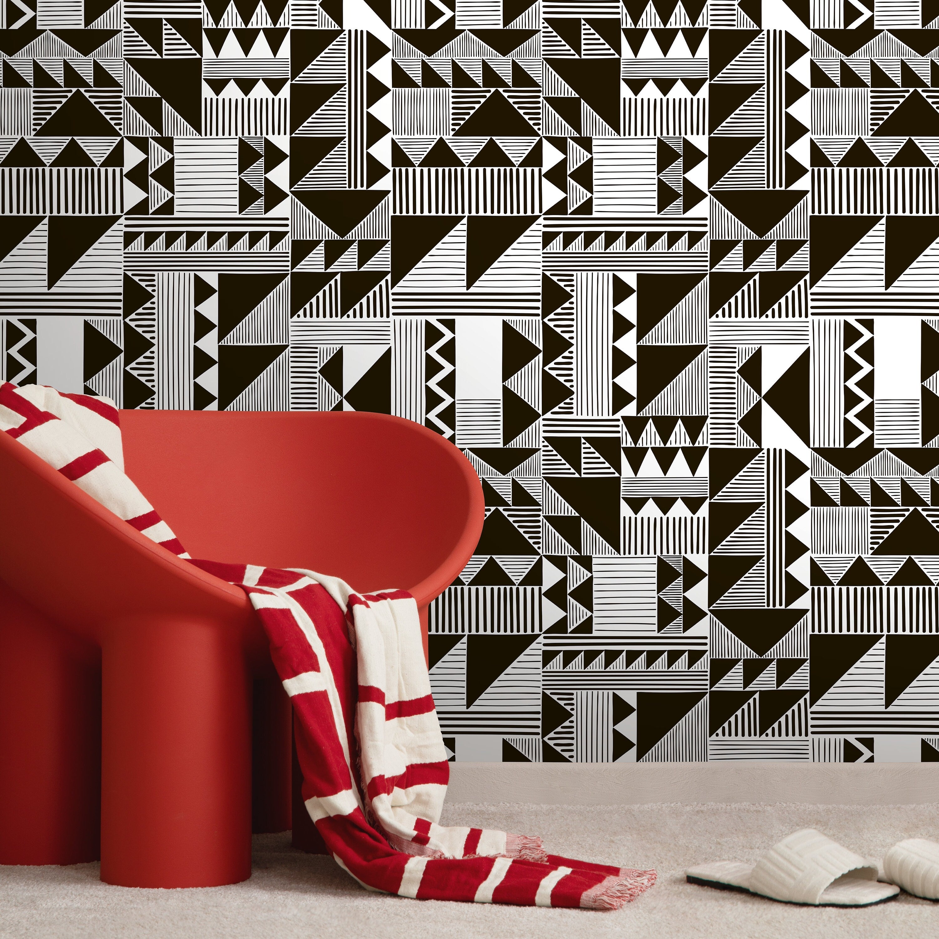 Geometric Wallpaper With A Hand-drawn Tribal Motif In Black And White - D947