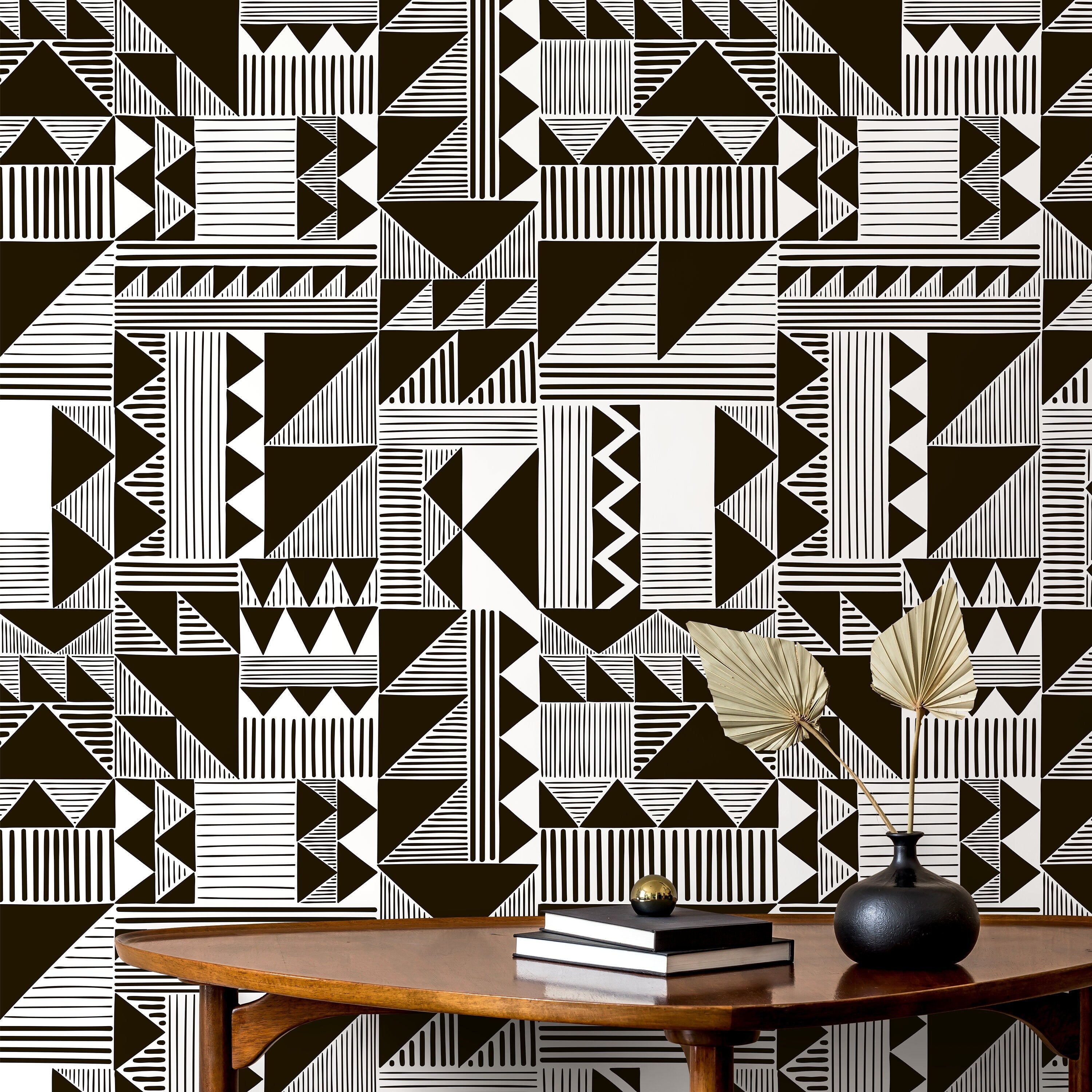 Geometric Wallpaper With A Hand-drawn Tribal Motif In Black And White - D947