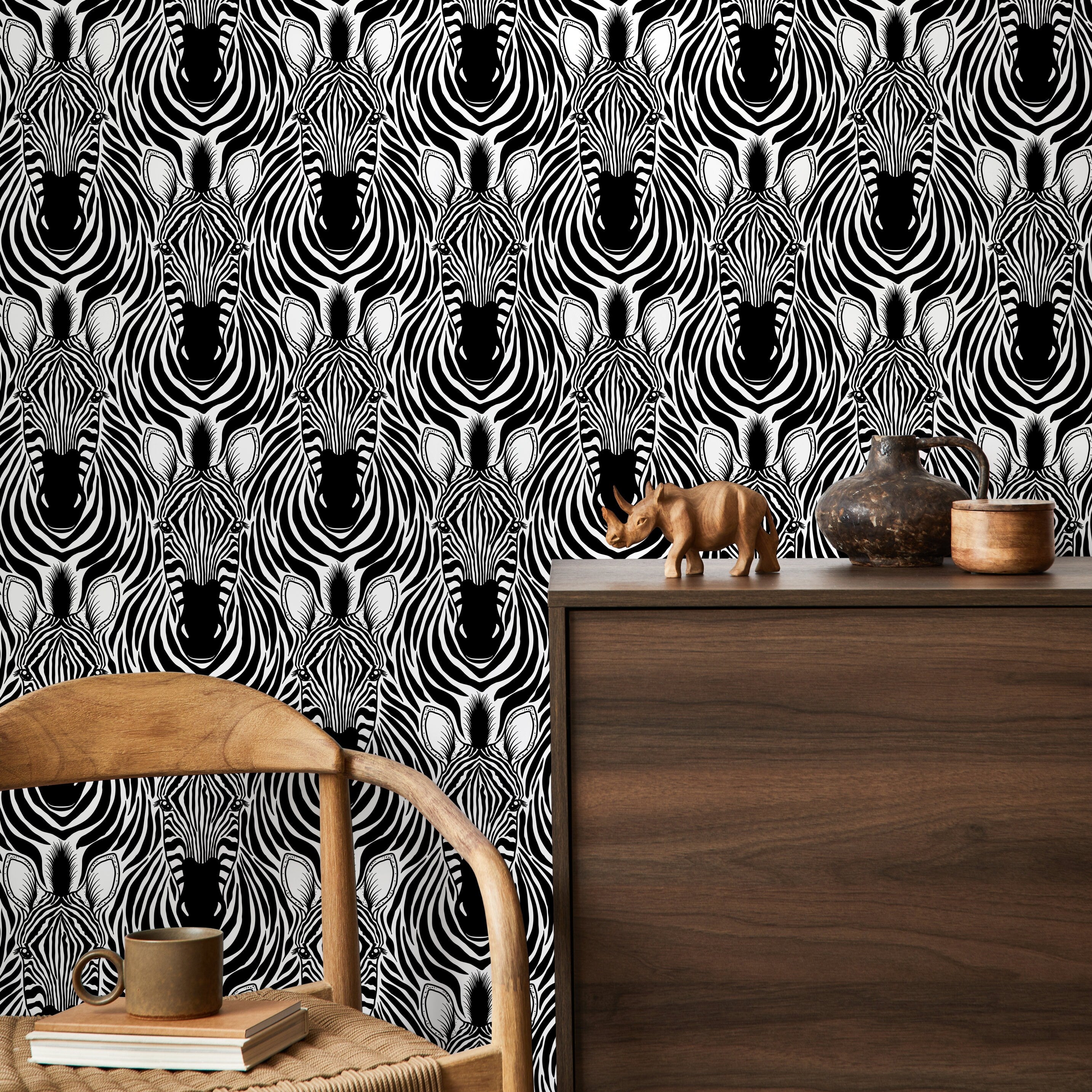 Animal Print Wallpaper With A Graphic Zebra Motif In Black And White - D948