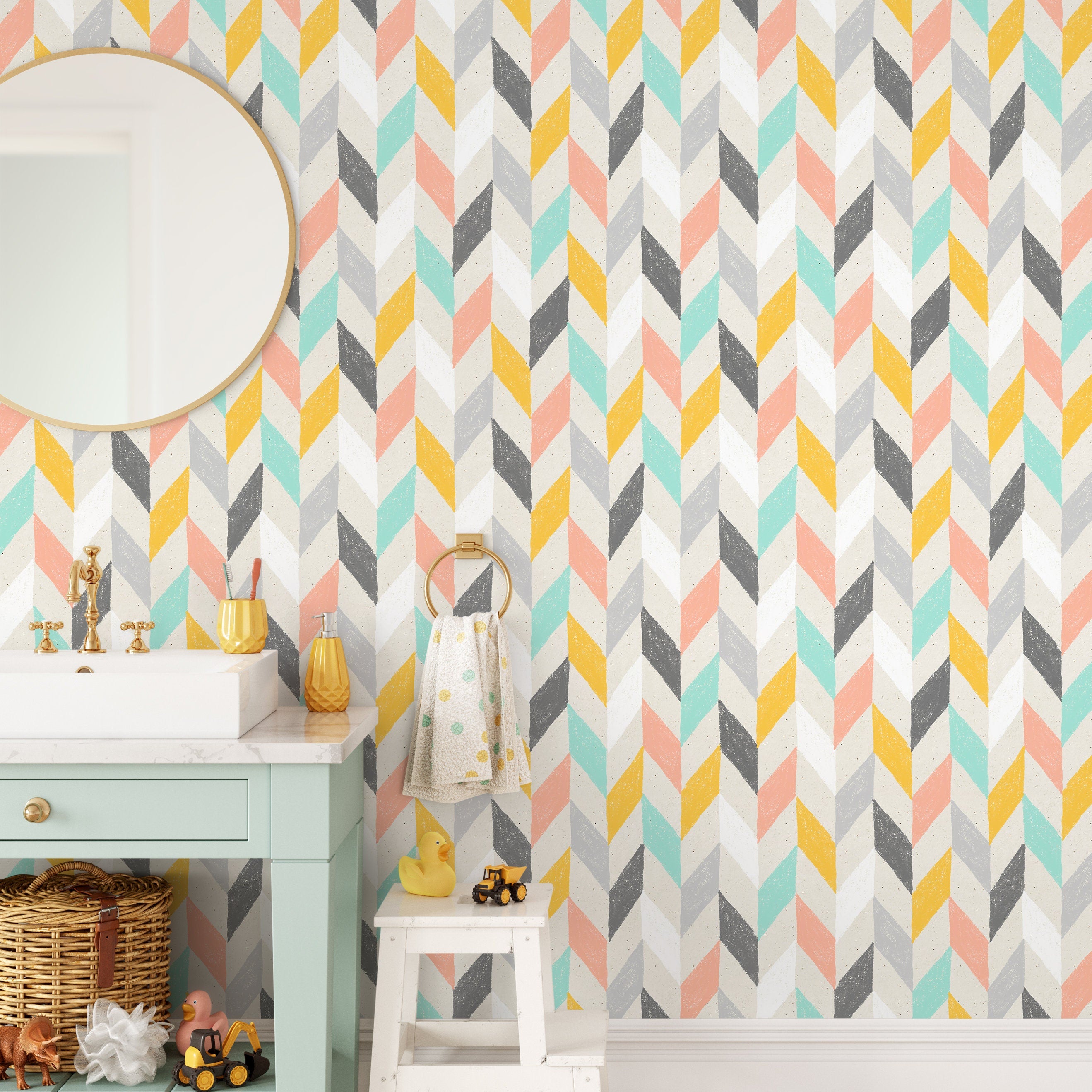 Chevron Wallpaper With A Hand-drawn Motif In Yellow, Pink, And Teal - A300