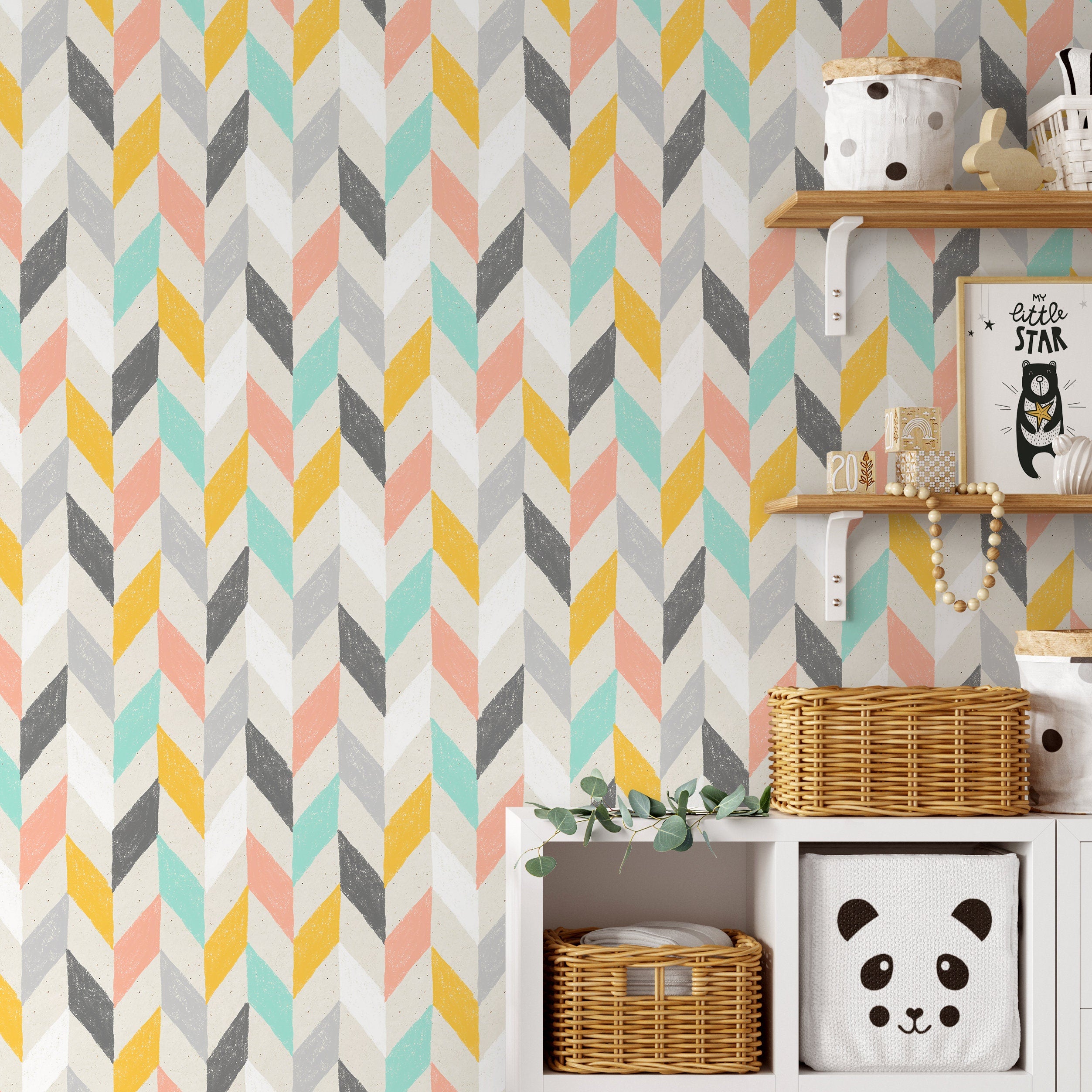 Chevron Wallpaper With A Hand-drawn Motif In Yellow, Pink, And Teal - A300