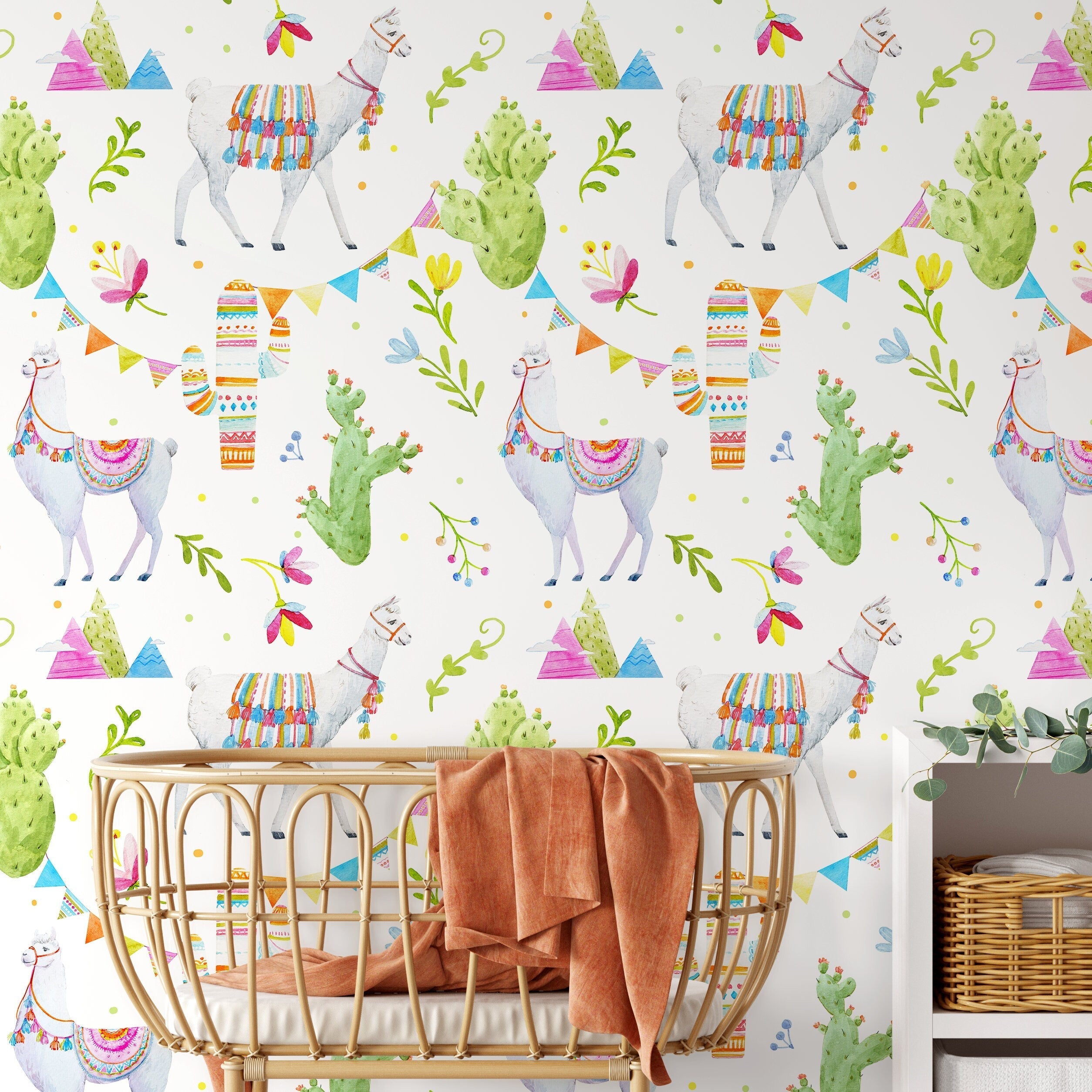 Animal Wallpaper With Watercolor Llamas And Cacti In Green, Pink, And Blue - A682