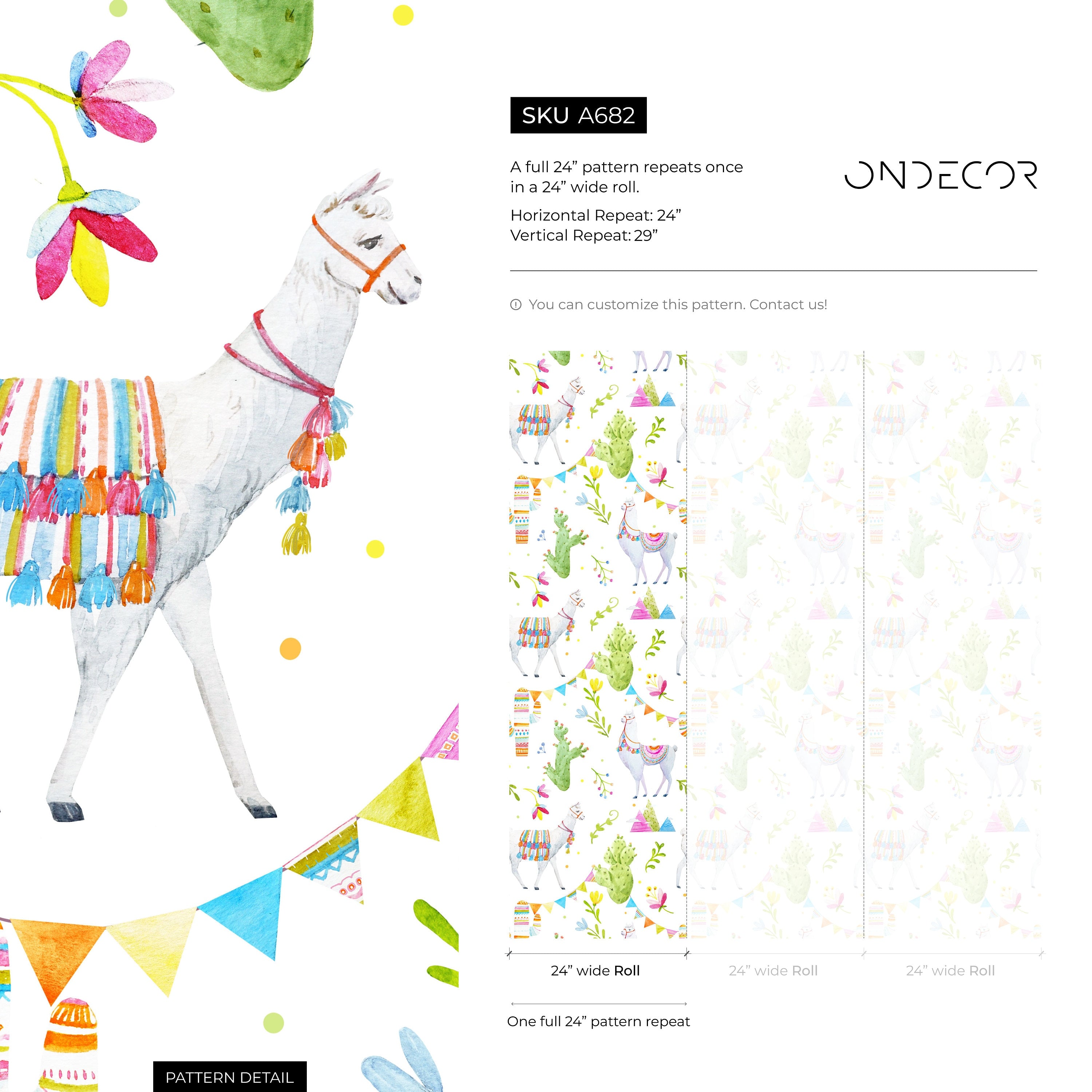 Animal Wallpaper With Watercolor Llamas And Cacti In Green, Pink, And Blue - A682