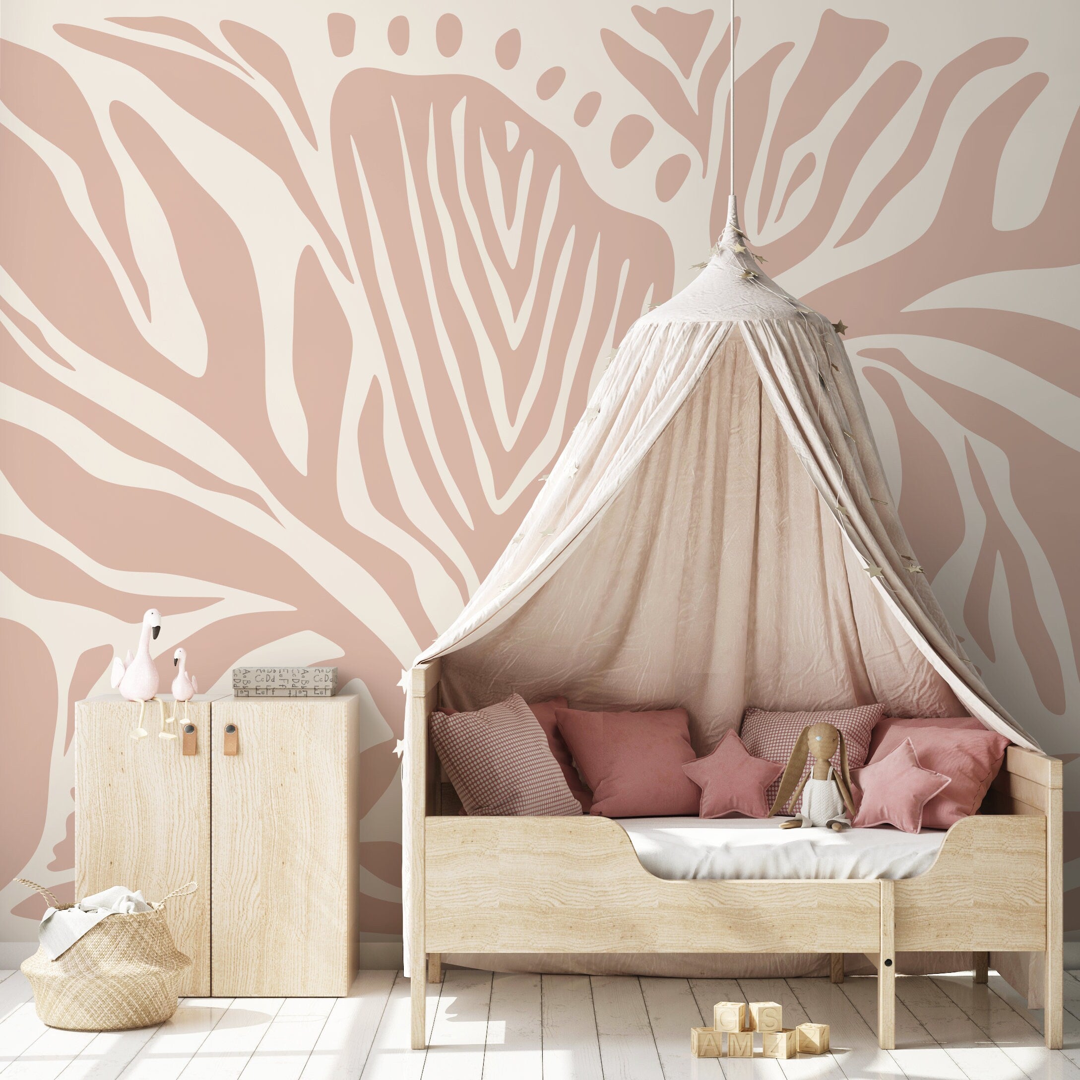 Abstract Wallpaper With Stylized Zebra Stripes In Light Pink And Cream - D694