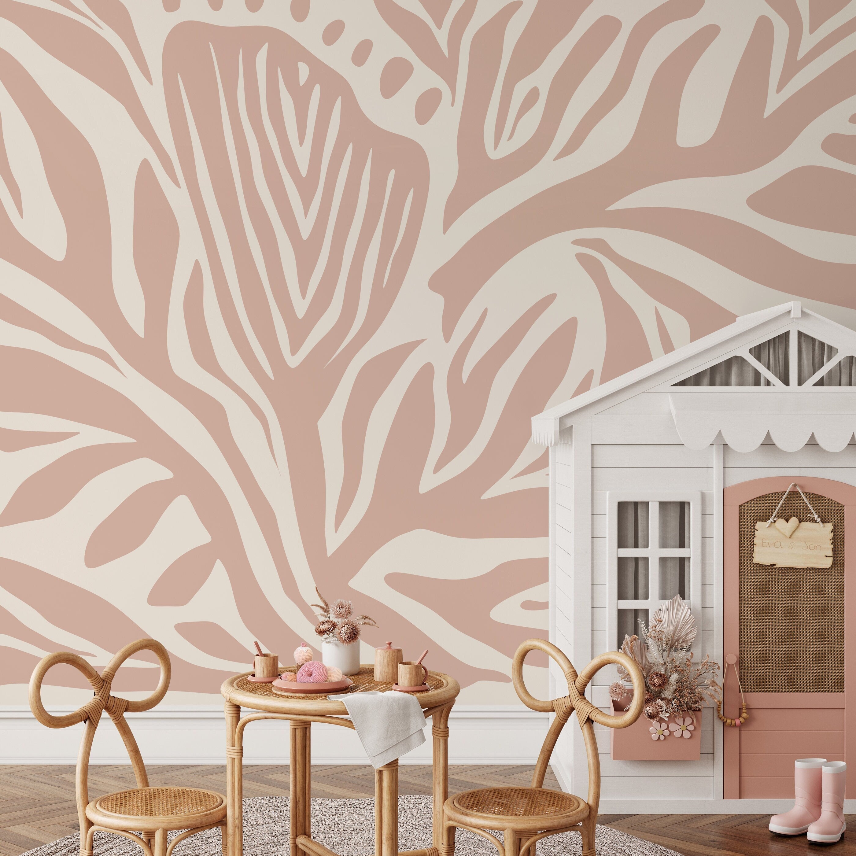 Abstract Wallpaper With Stylized Zebra Stripes In Light Pink And Cream - D694