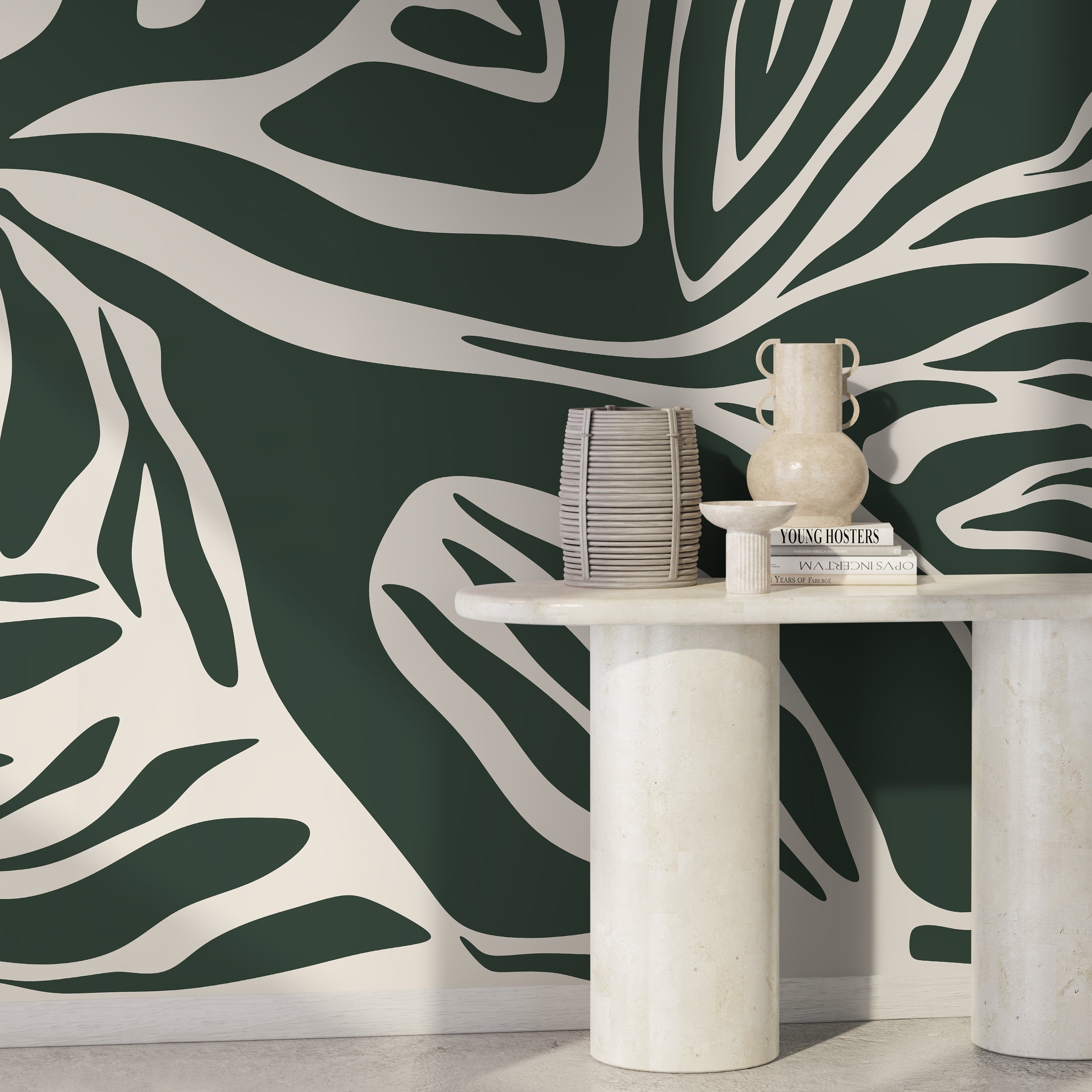 Abstract Wallpaper With Bold Zebra Stripes In Dark Green And Cream - D696