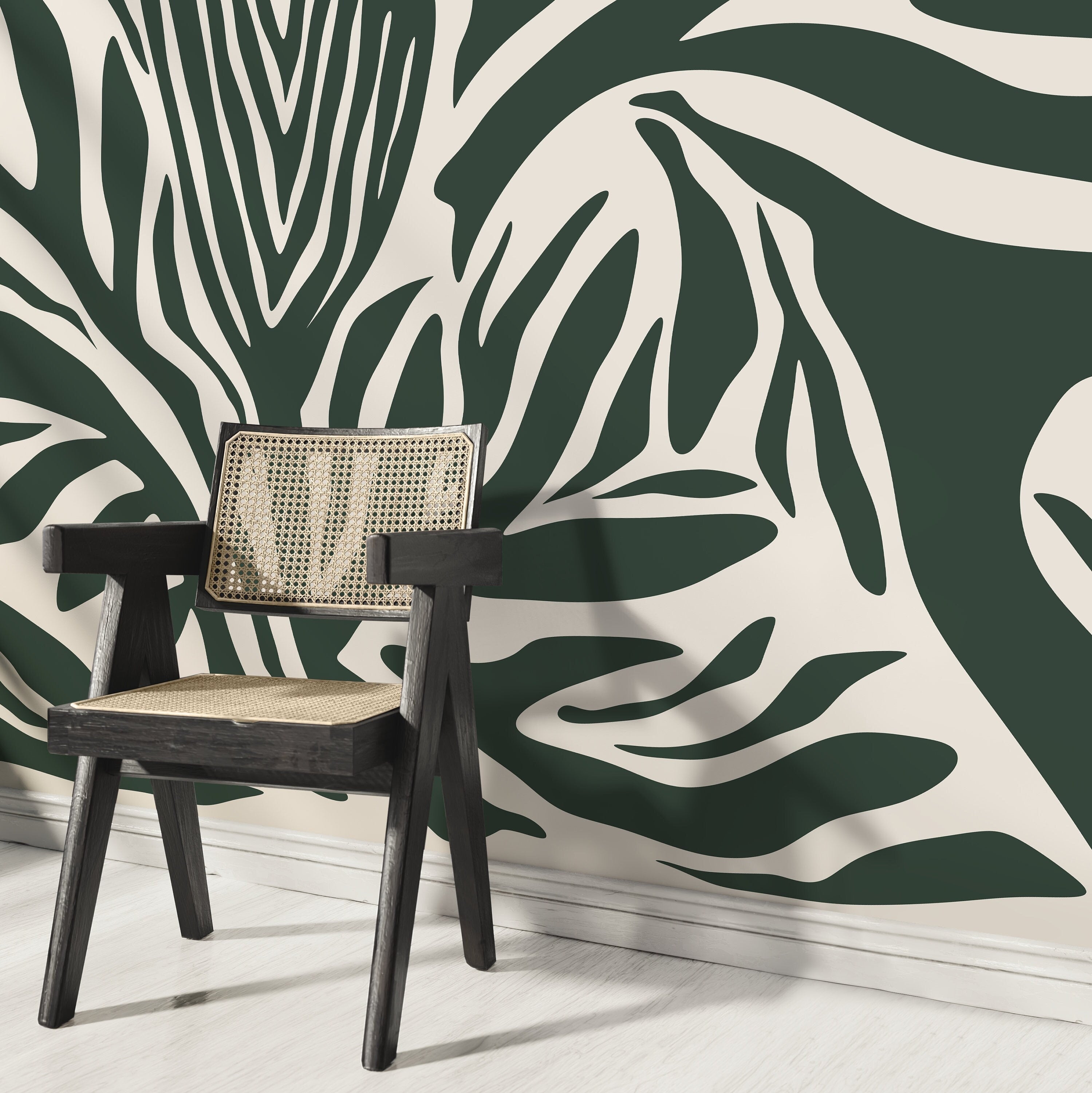 Abstract Wallpaper With Bold Zebra Stripes In Dark Green And Cream - D696