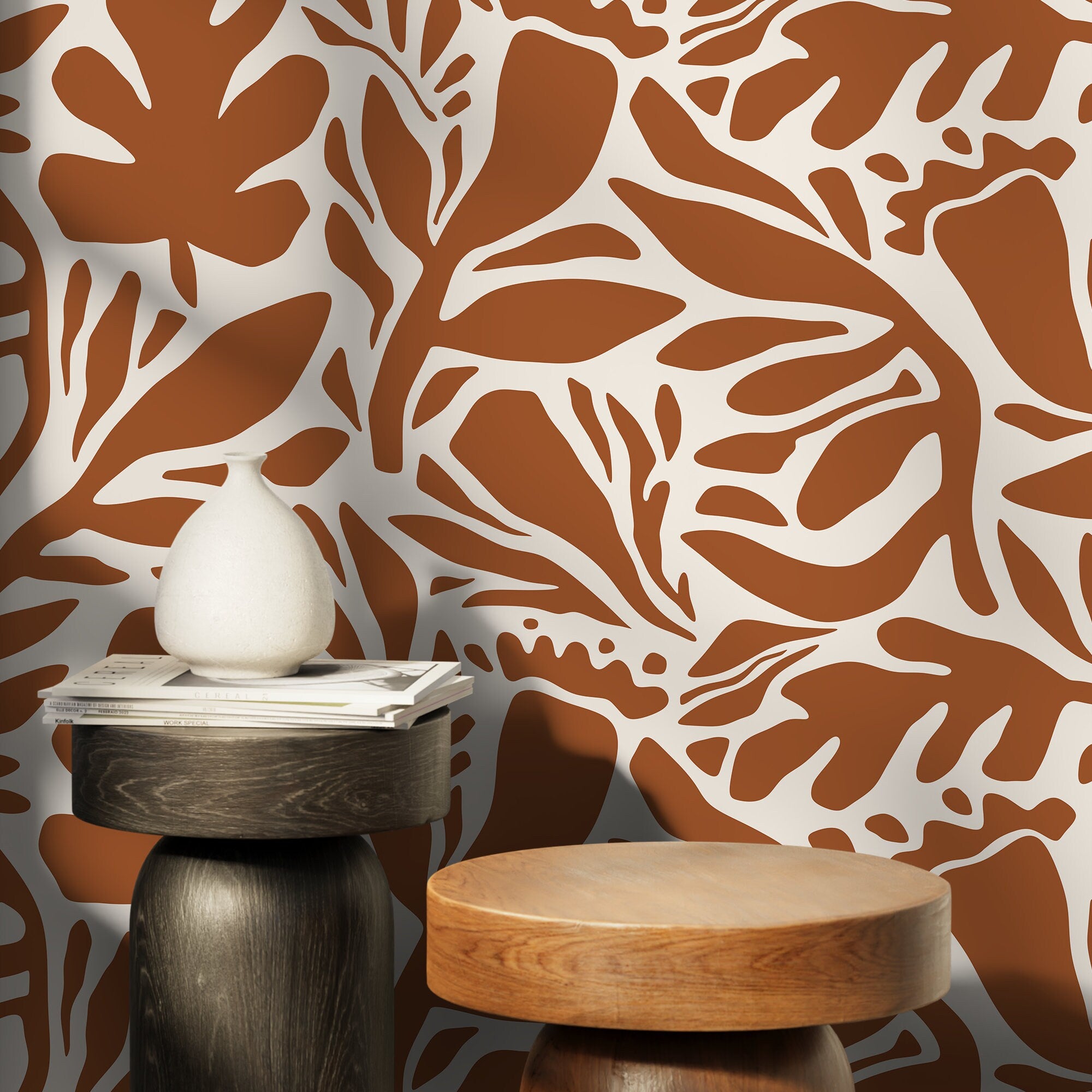 Botanical Wallpaper With A Modern Abstract Leaf Motif In Terracotta - D698
