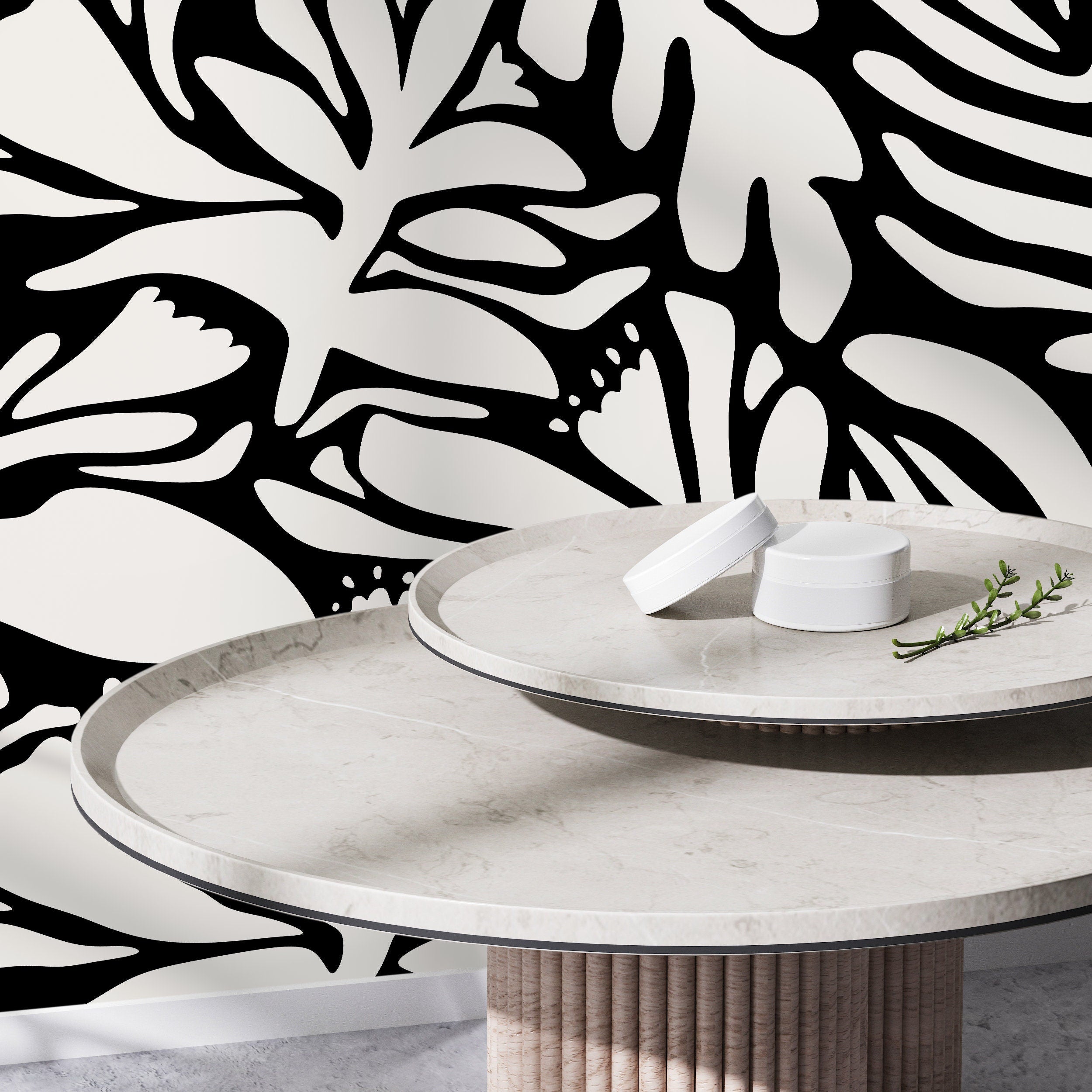 Abstract Wallpaper With A Bold Floral Motif In Black And White - D703