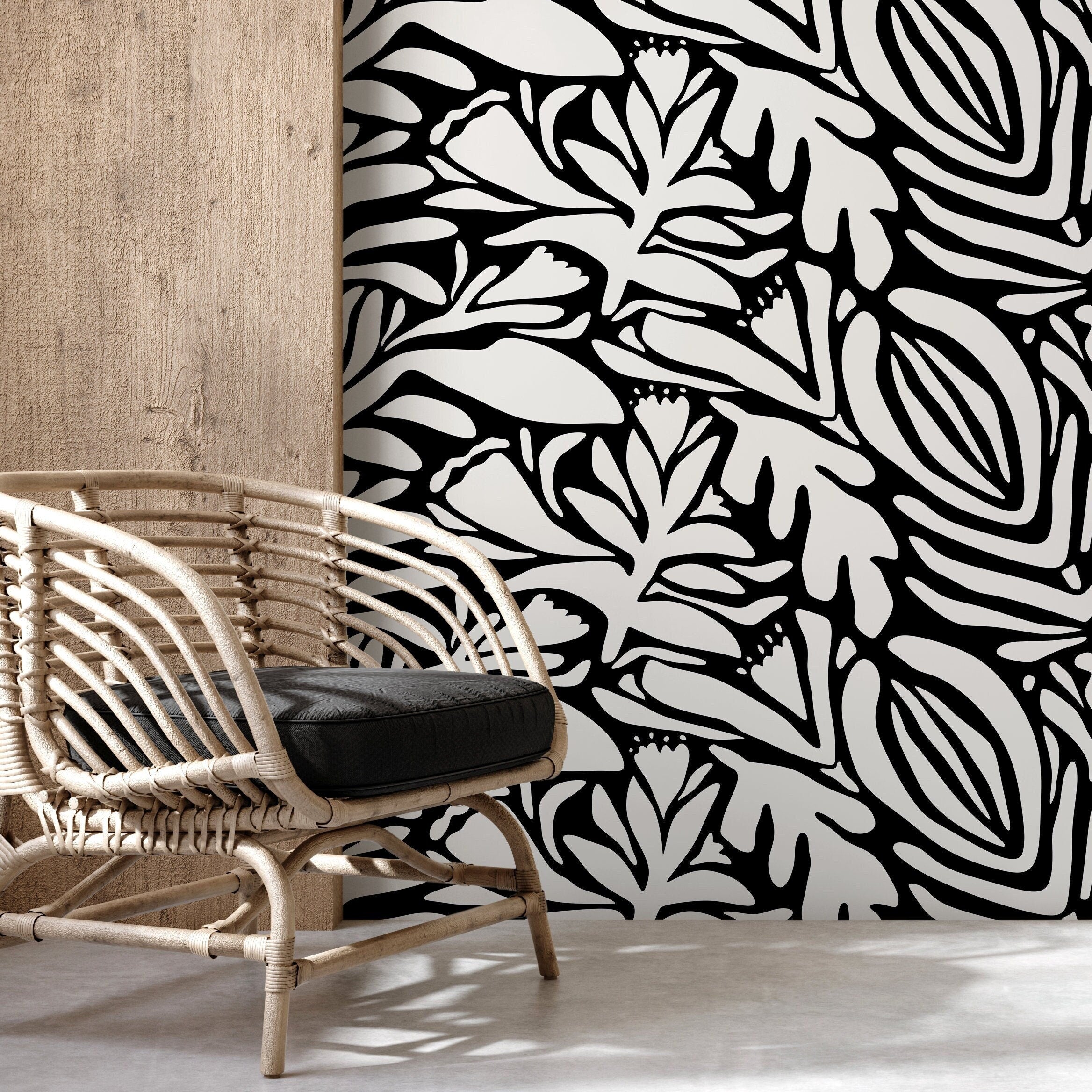 Abstract Wallpaper With A Bold Floral Motif In Black And White - D703