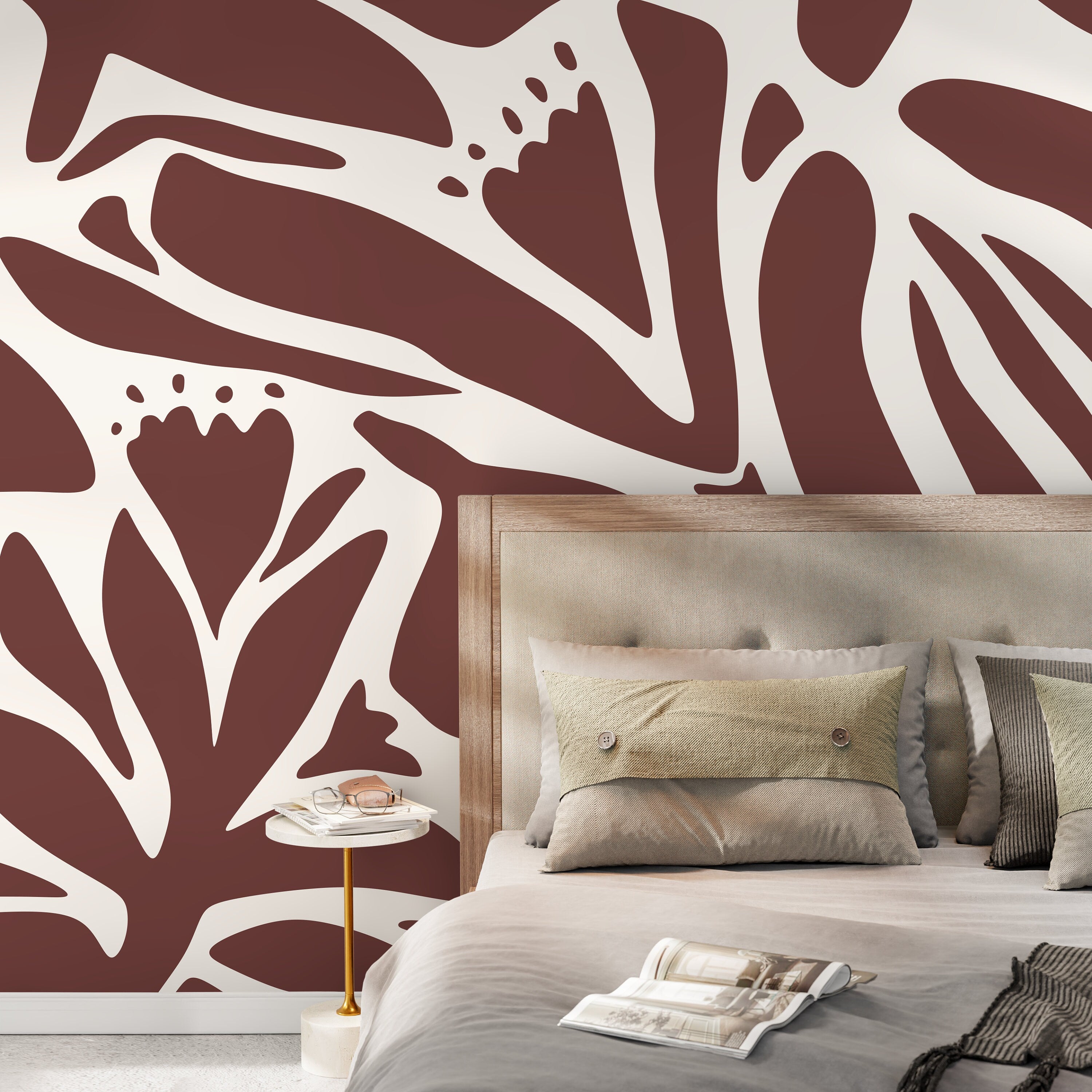 Abstract Wallpaper With Bold Botanical Silhouettes In Brown And White - D704