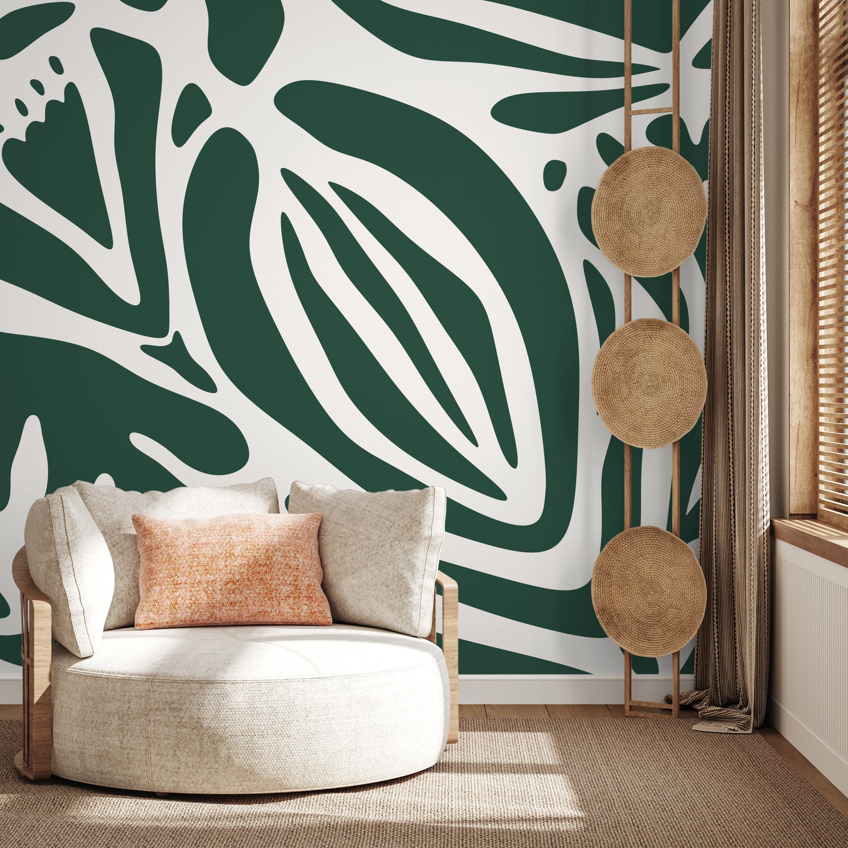 Abstract Wallpaper Featuring Bold Floral Silhouettes In Dark Green And White - D705