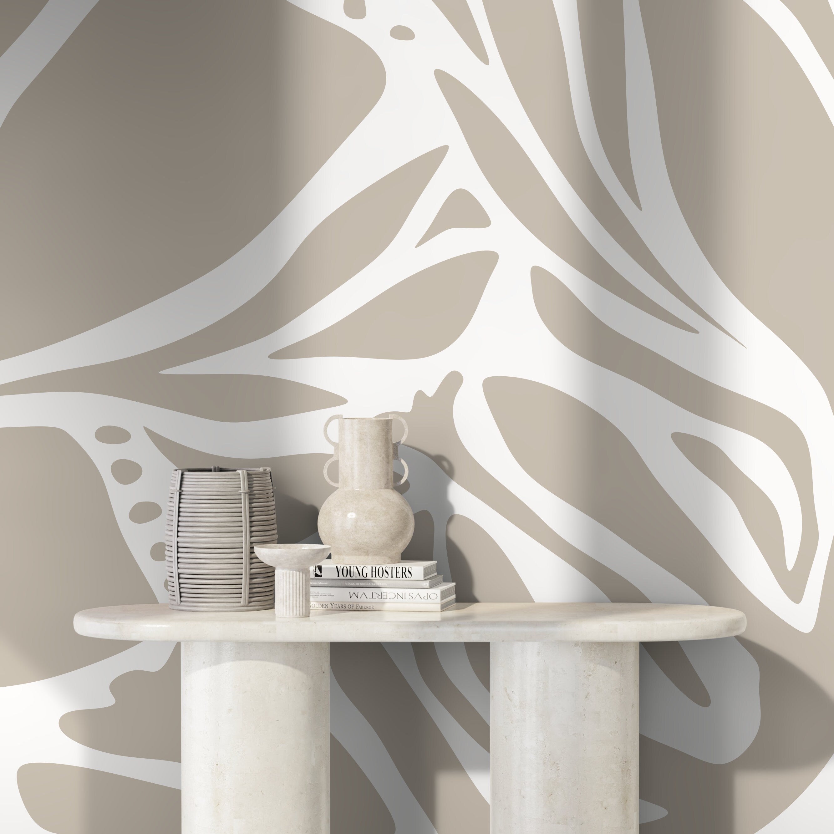 Abstract Wallpaper With Large Organic Shapes In Beige And Cream - D639