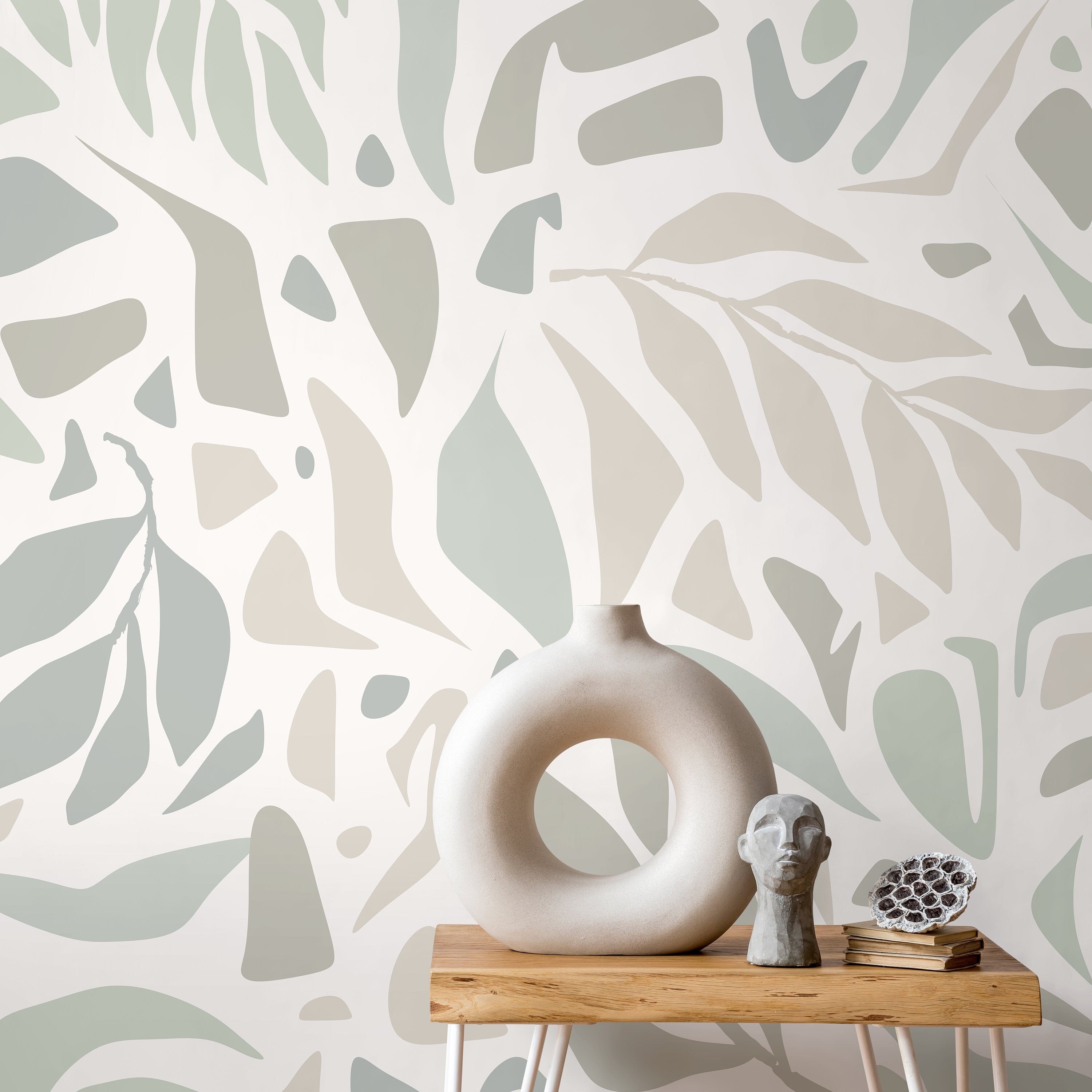 Abstract Wallpaper With A Minimalist Leaf Motif In Sage, Beige, And Gray - D724
