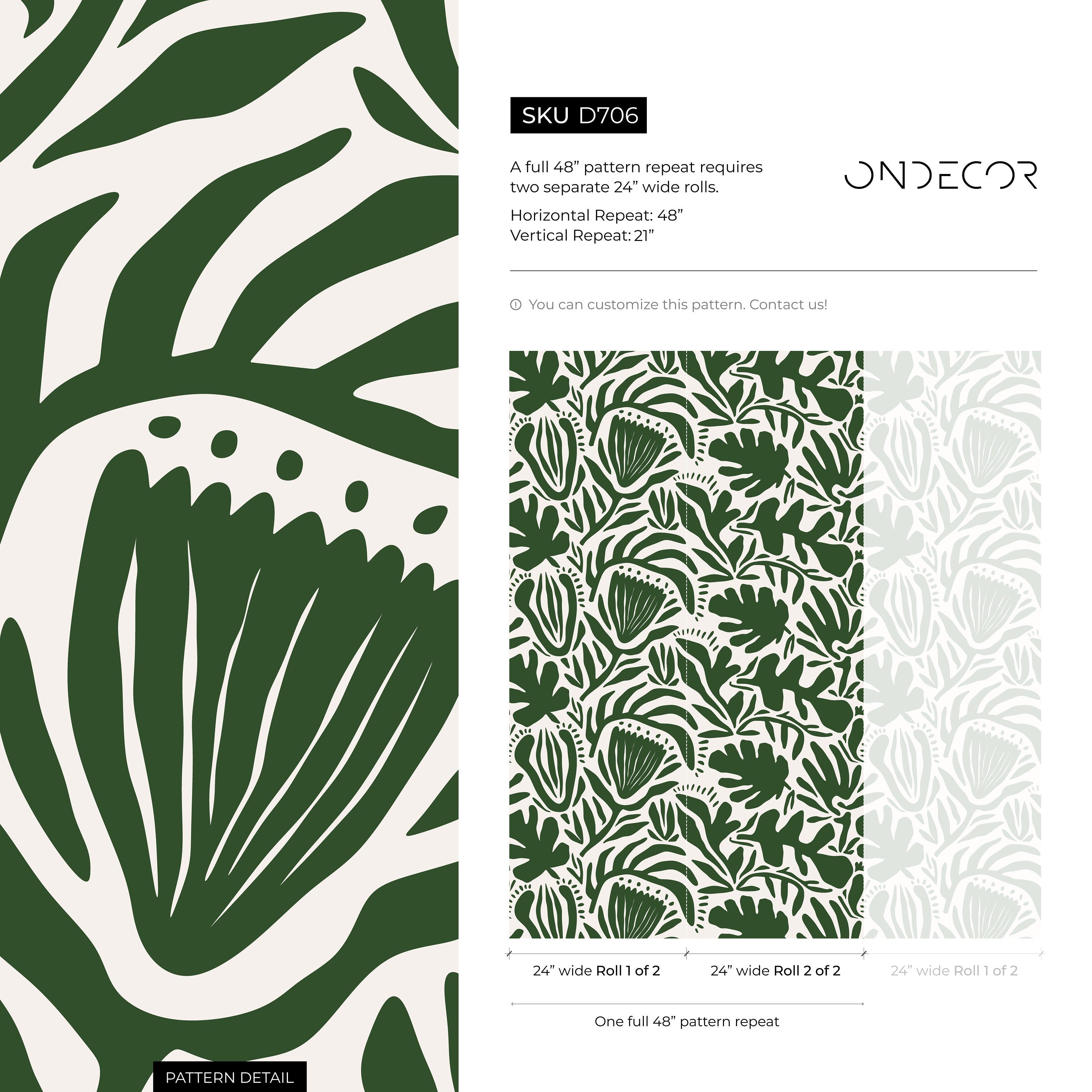 Botanical Wallpaper Featuring Abstract Cutout Leaves In Olive Green And White - D706