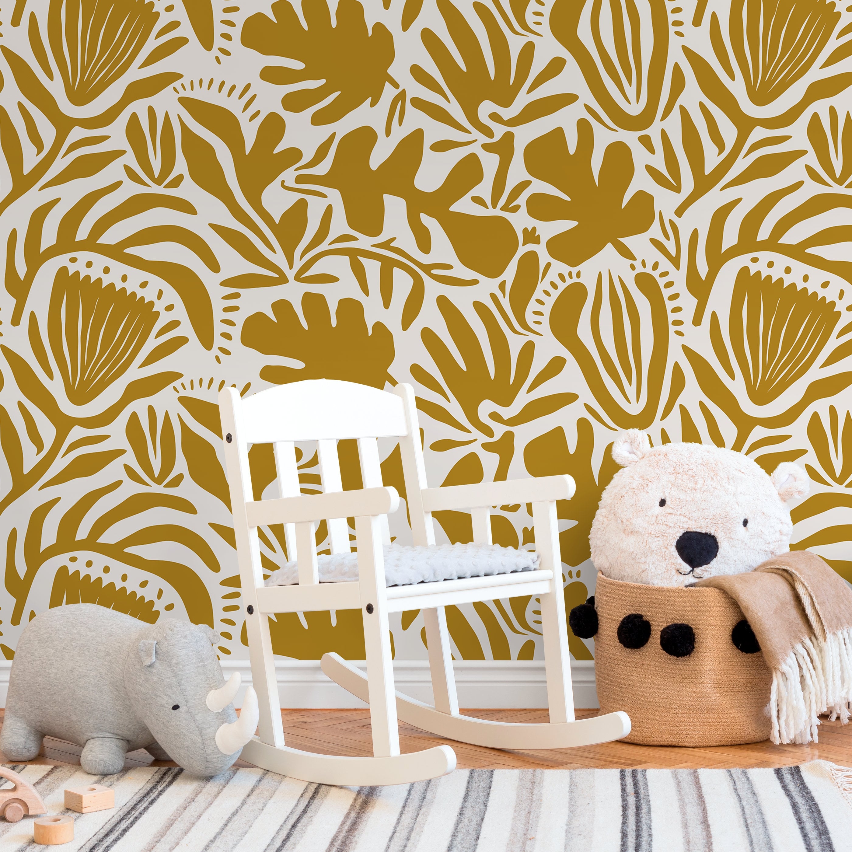 Abstract Wallpaper With A Folk Art Botanical Motif In Mustard Yellow - D708