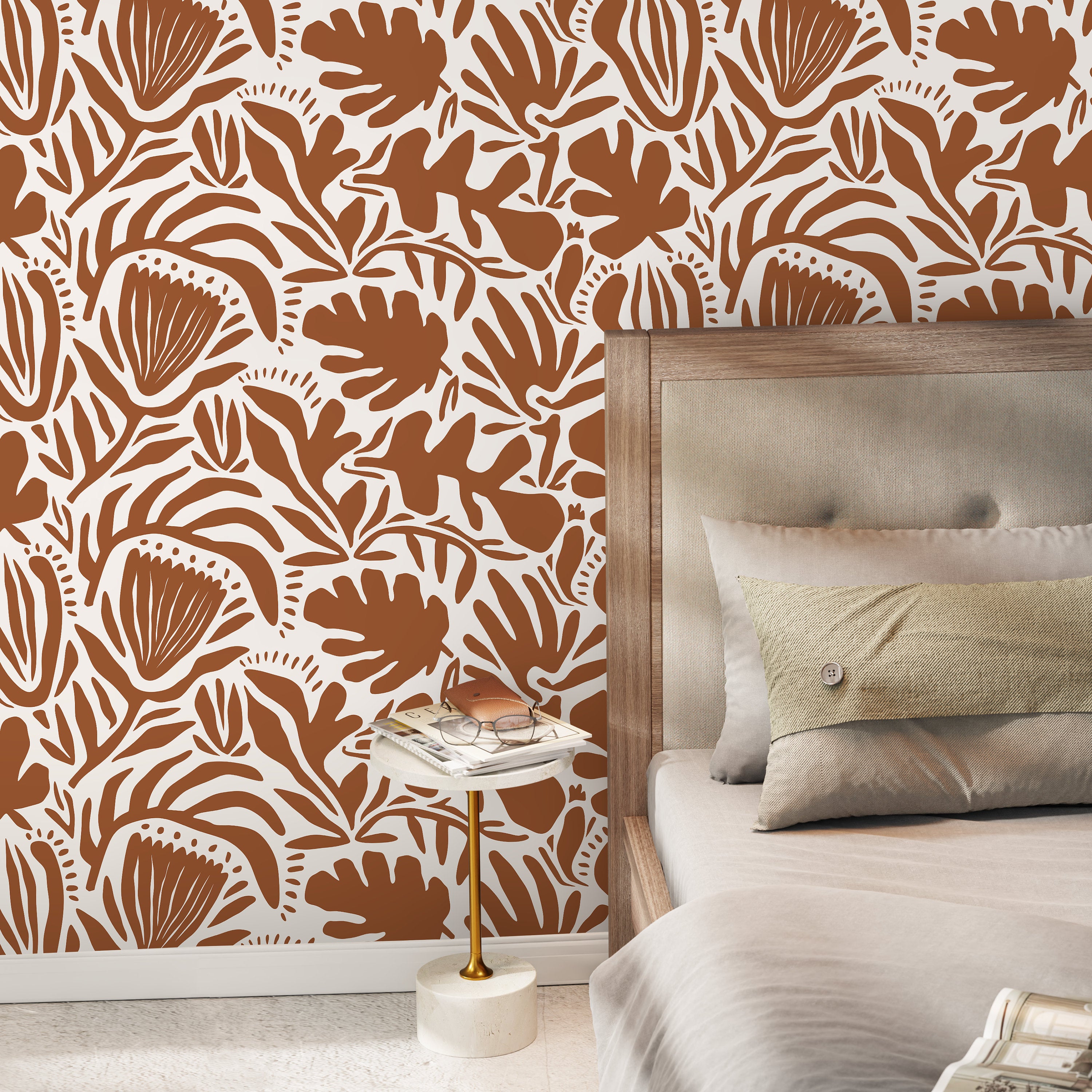 Abstract Floral Wallpaper With Bold Botanical Silhouettes In Terracotta - D709