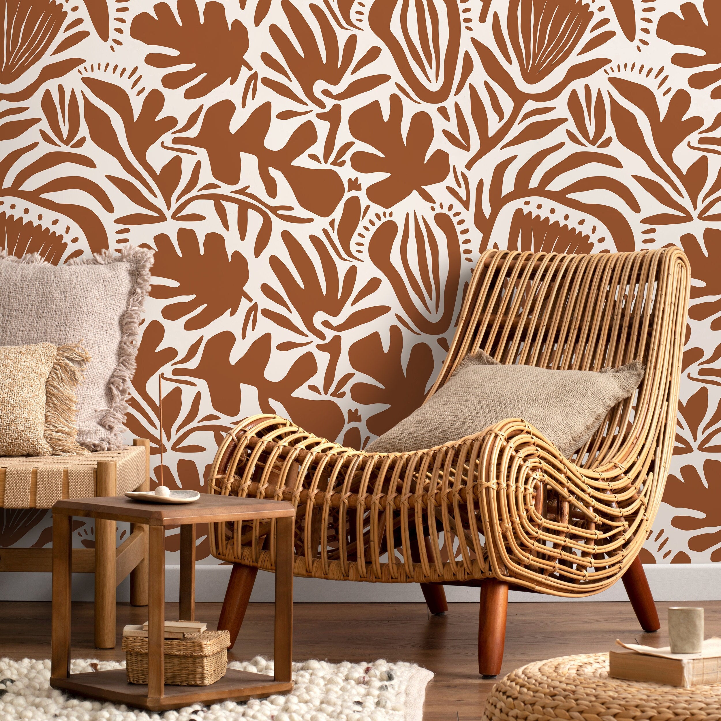 Abstract Floral Wallpaper With Bold Botanical Silhouettes In Terracotta - D709
