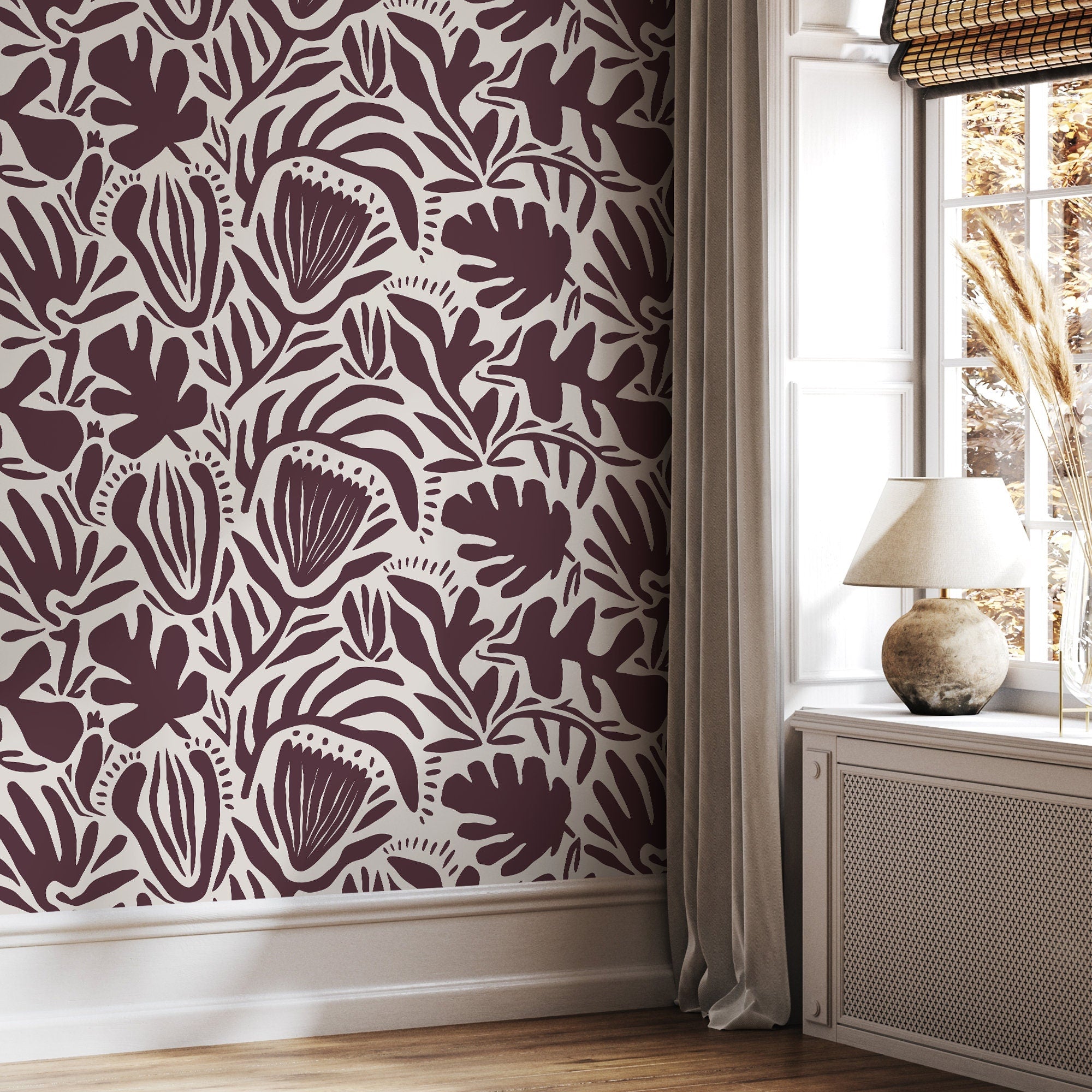 Abstract Floral Wallpaper With Bold Botanical Shapes In Purple And Off-white - D710