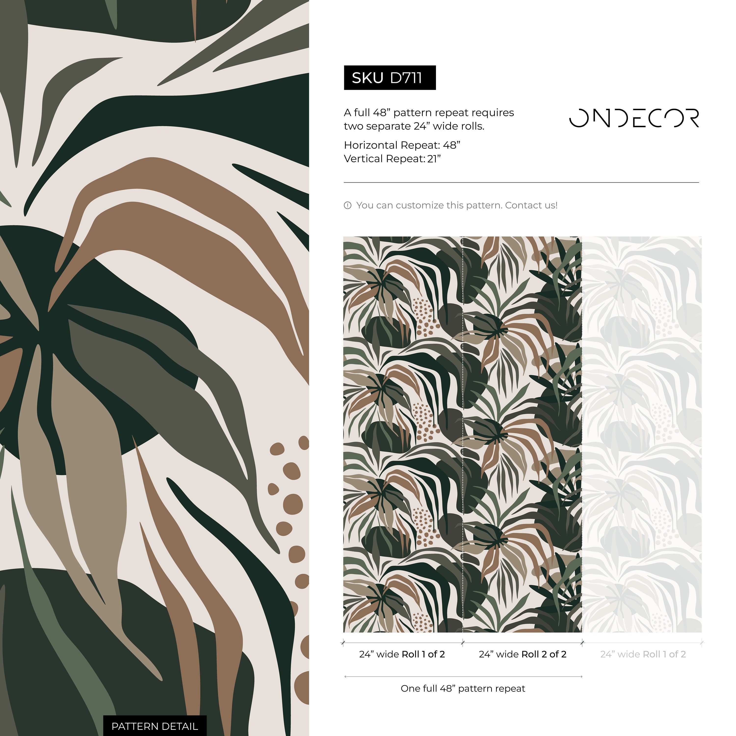 Tropical Wallpaper Featuring Abstract Foliage In Green And Brown - D711
