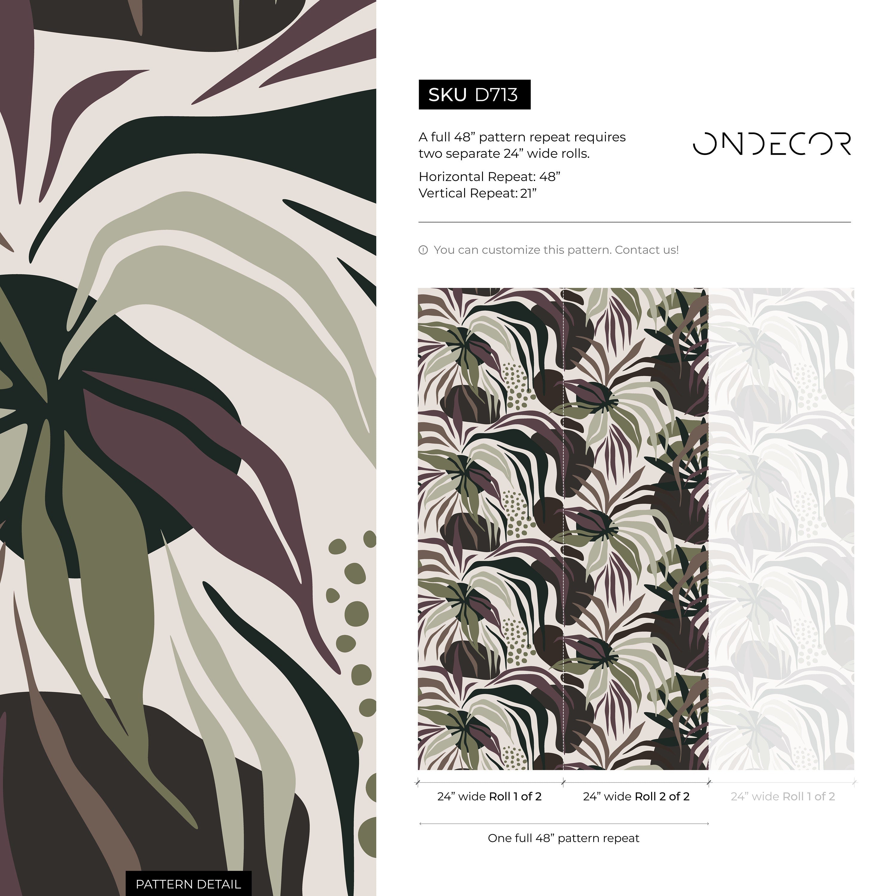 Botanical Wallpaper With Abstract Leaves In Green, Purple, And Brown - D713