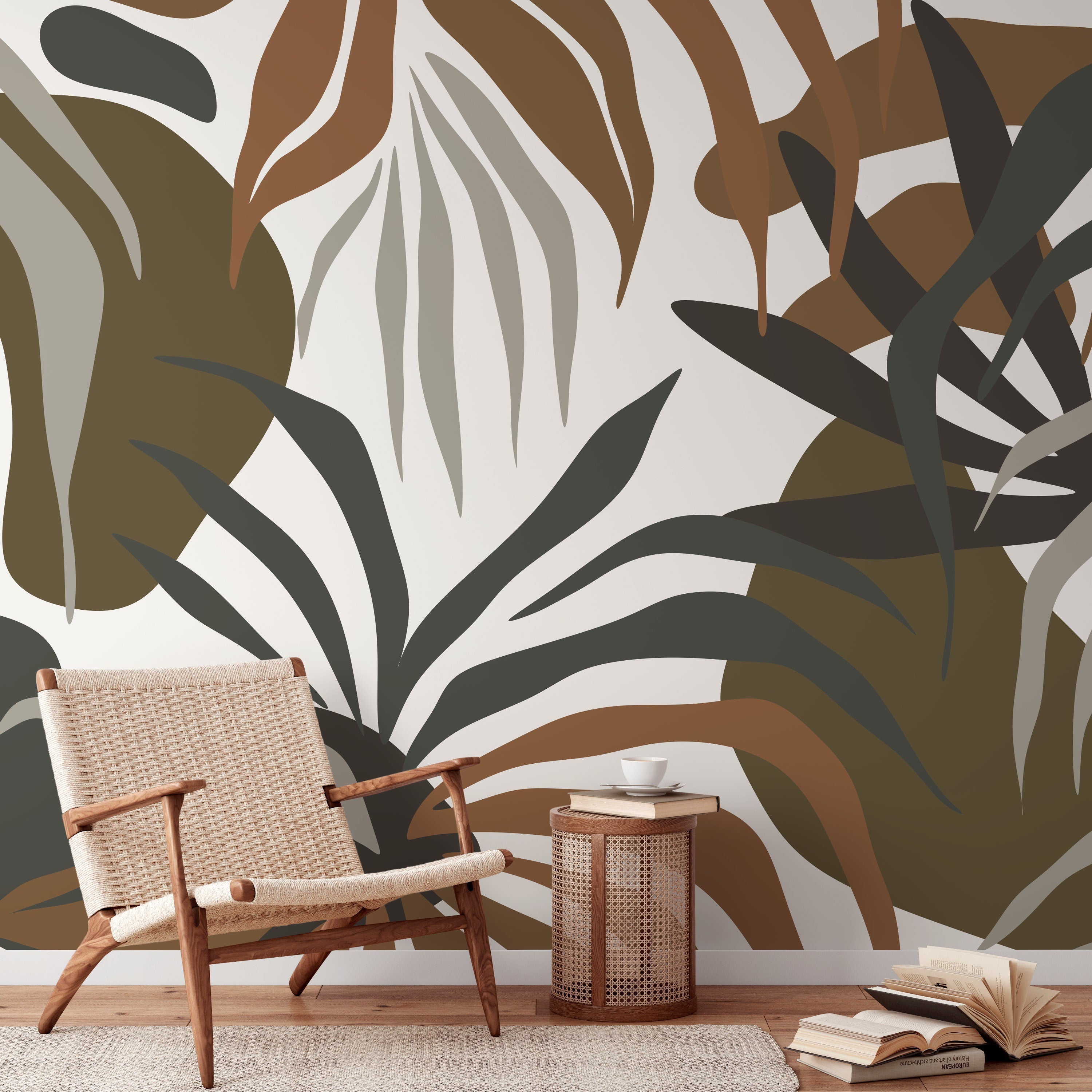 Botanical Wallpaper With Abstract Tropical Leaves In Brown, Green, And Gray - D714