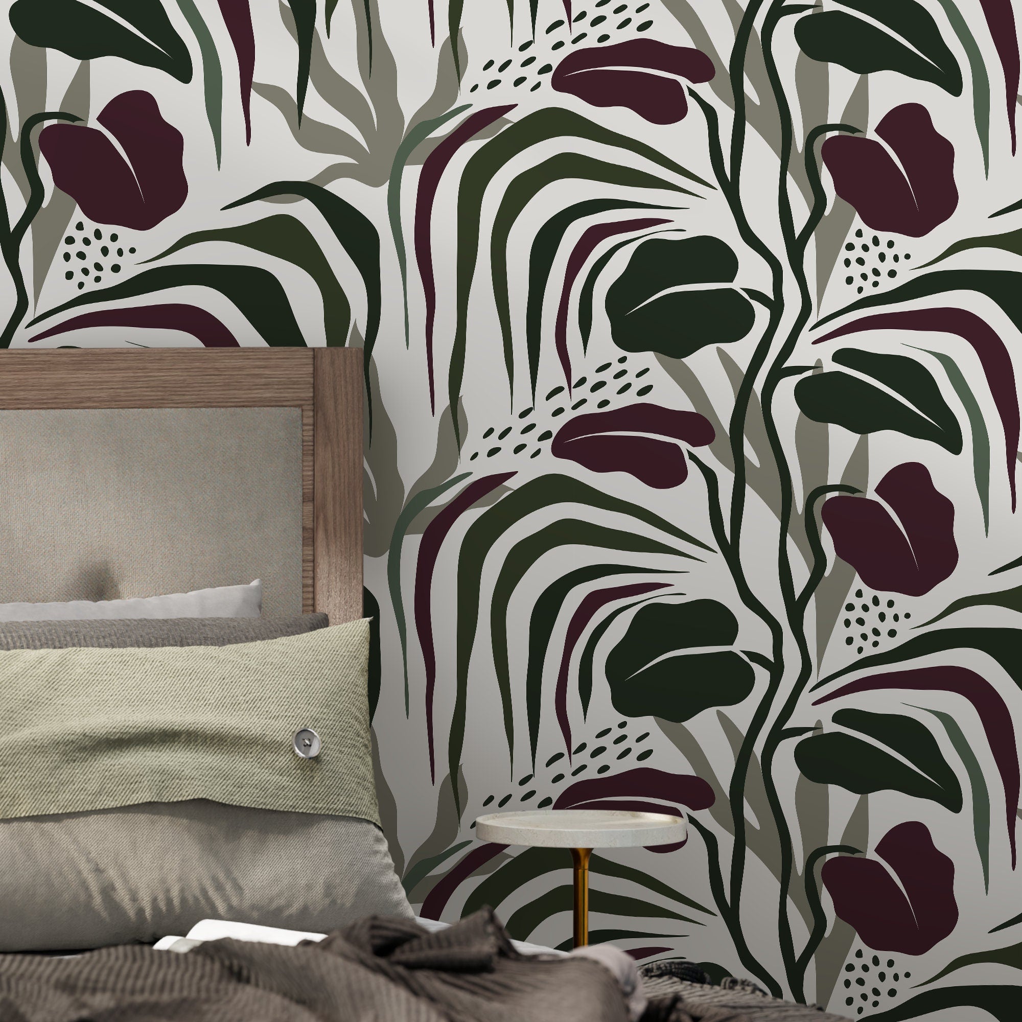 Abstract Wallpaper With A Modern Botanical Motif In Green, Burgundy, And Gray - D715