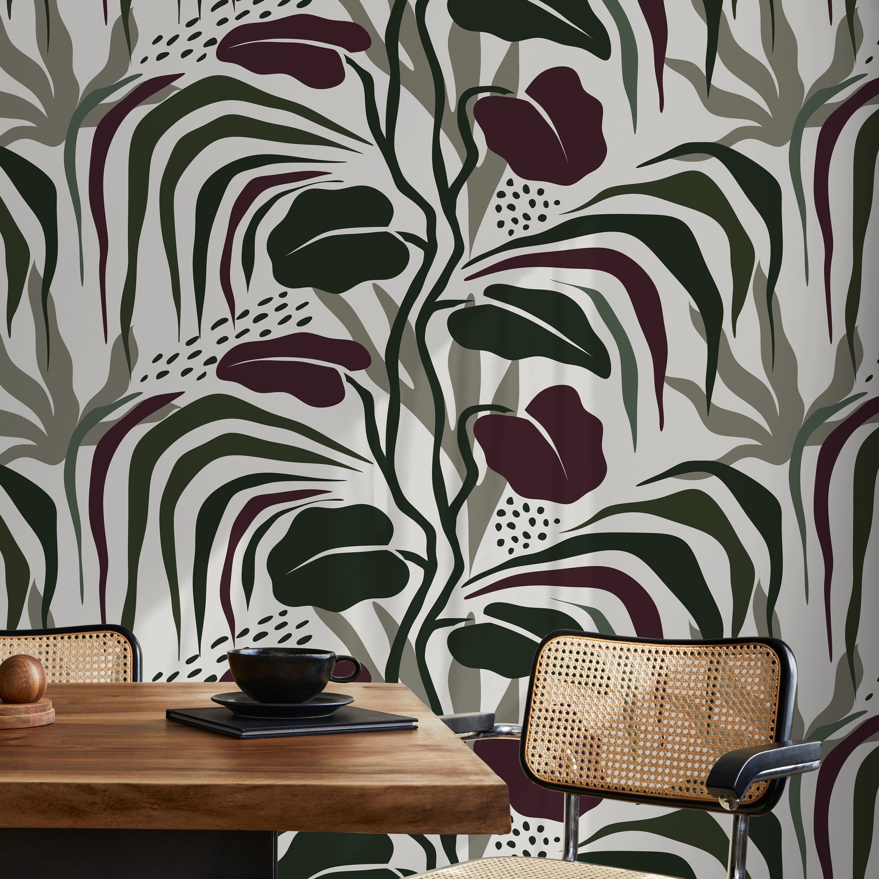 Abstract Wallpaper With A Modern Botanical Motif In Green, Burgundy, And Gray - D715