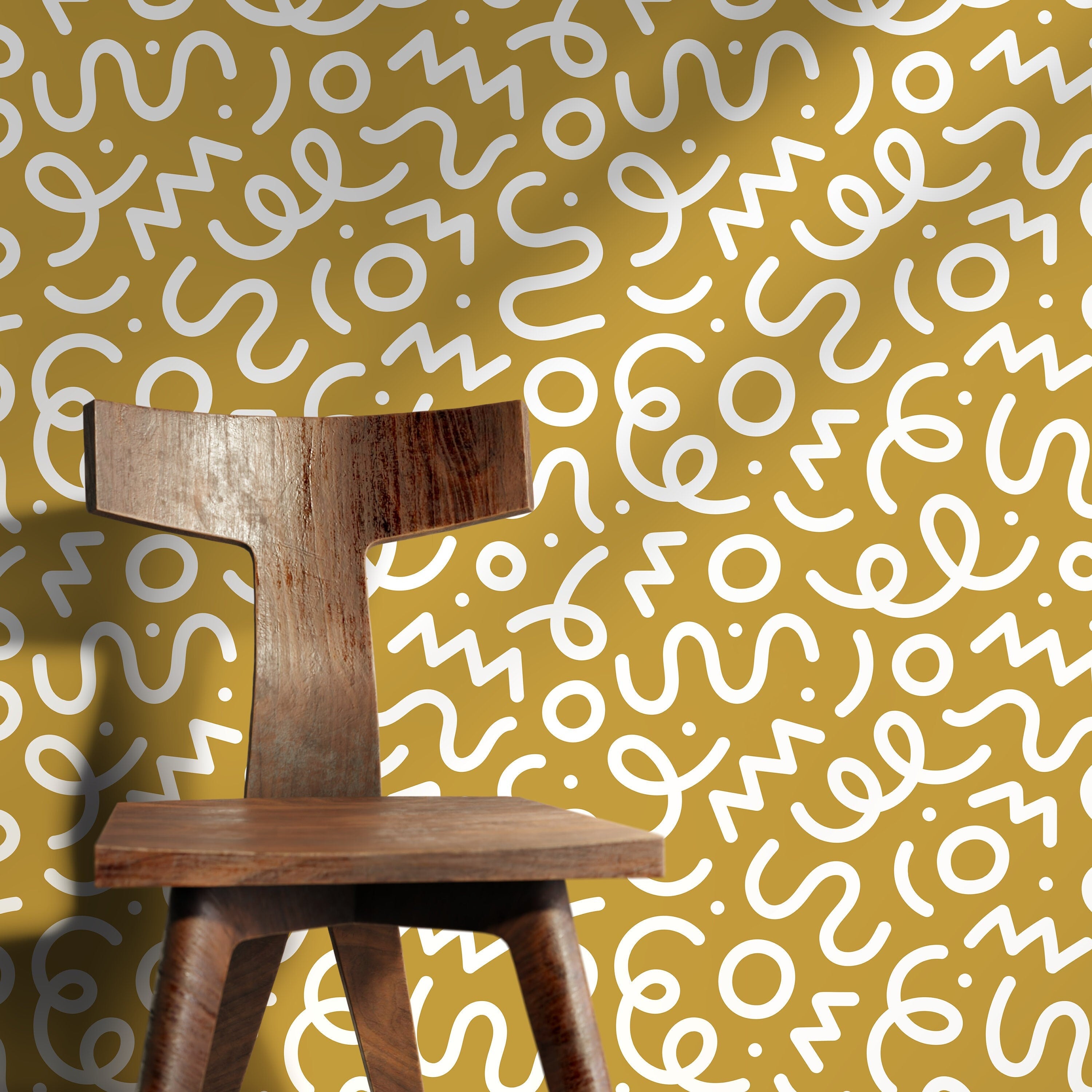 Abstract Wallpaper With Playful Squiggles And Shapes In Yellow And White - D574