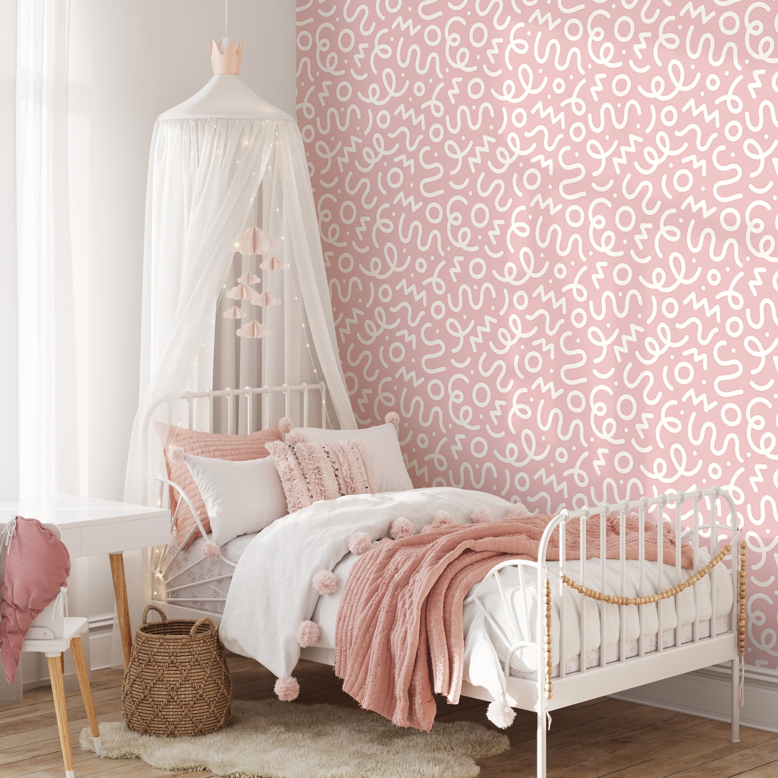 Abstract Wallpaper With Playful Squiggles In Pink And White - D577