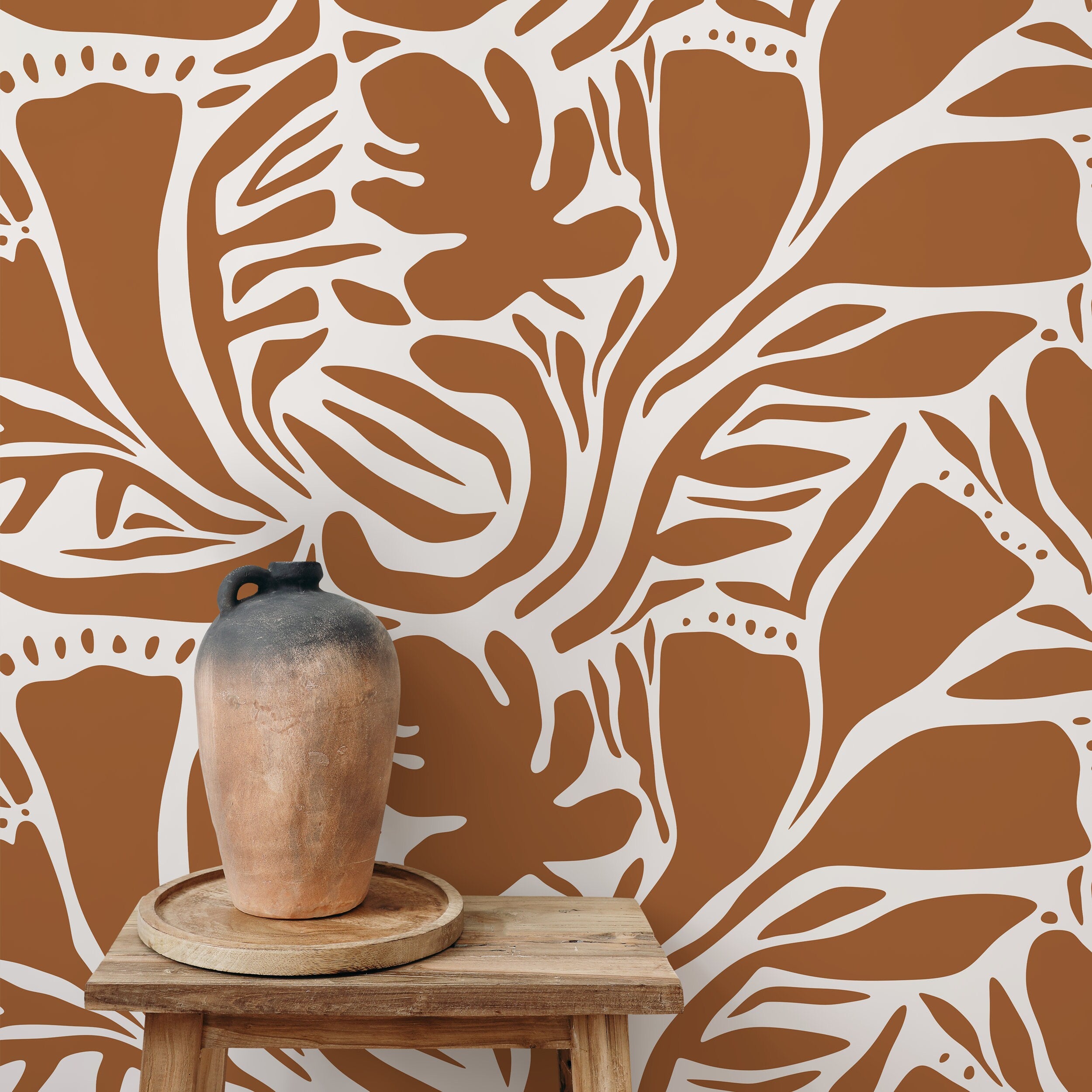 Abstract Wallpaper With A Bold Botanical Motif In Orange And White - D641
