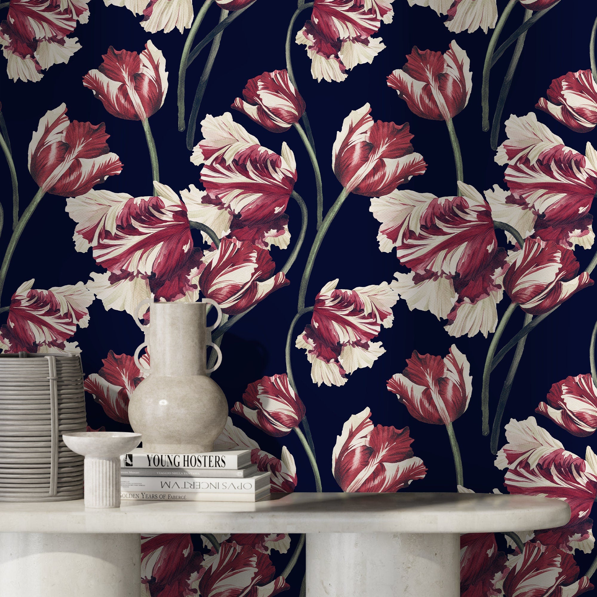 Floral Wallpaper Featuring Vintage Tulips In Red, Cream, And Navy Blue - D647