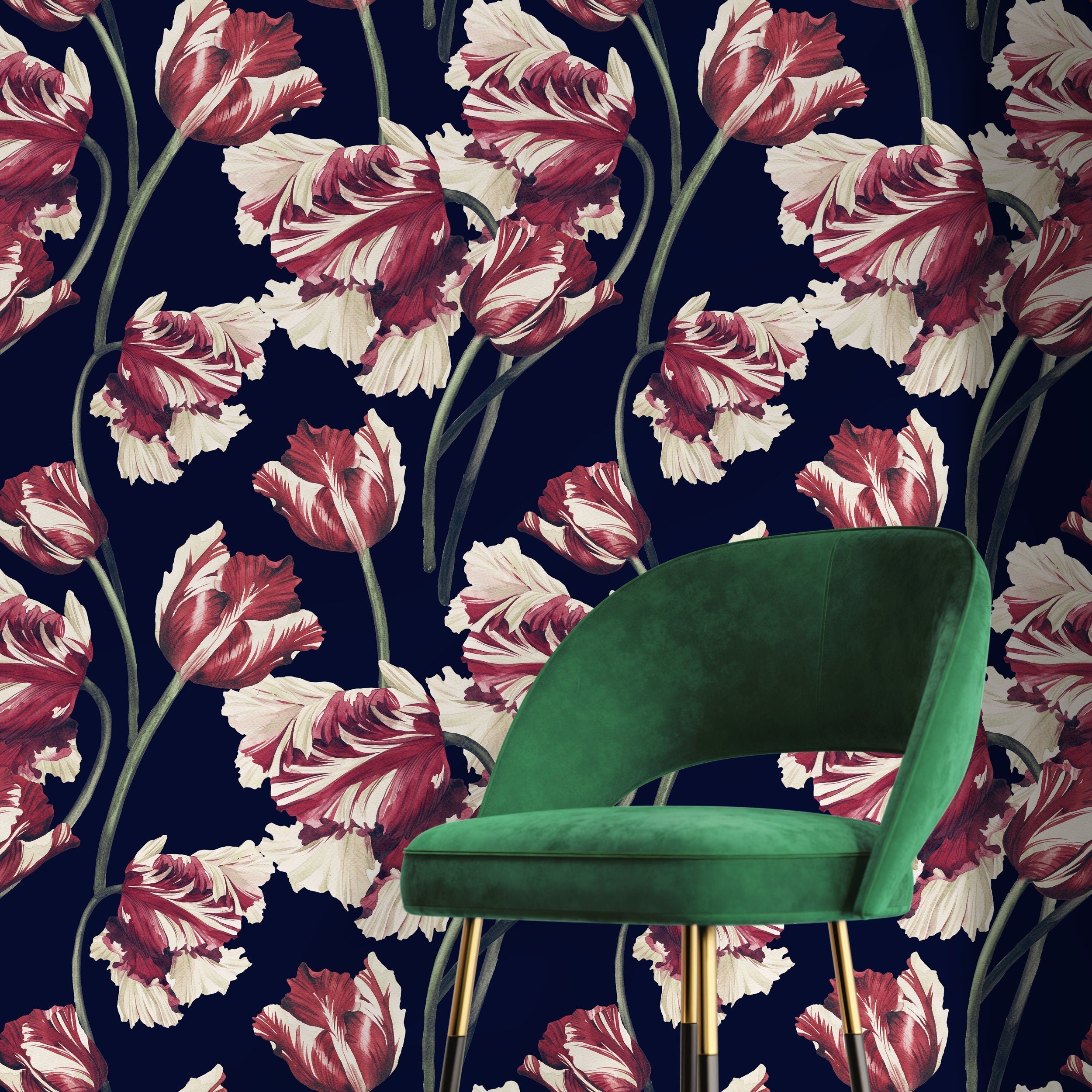 Floral Wallpaper Featuring Vintage Tulips In Red, Cream, And Navy Blue - D647