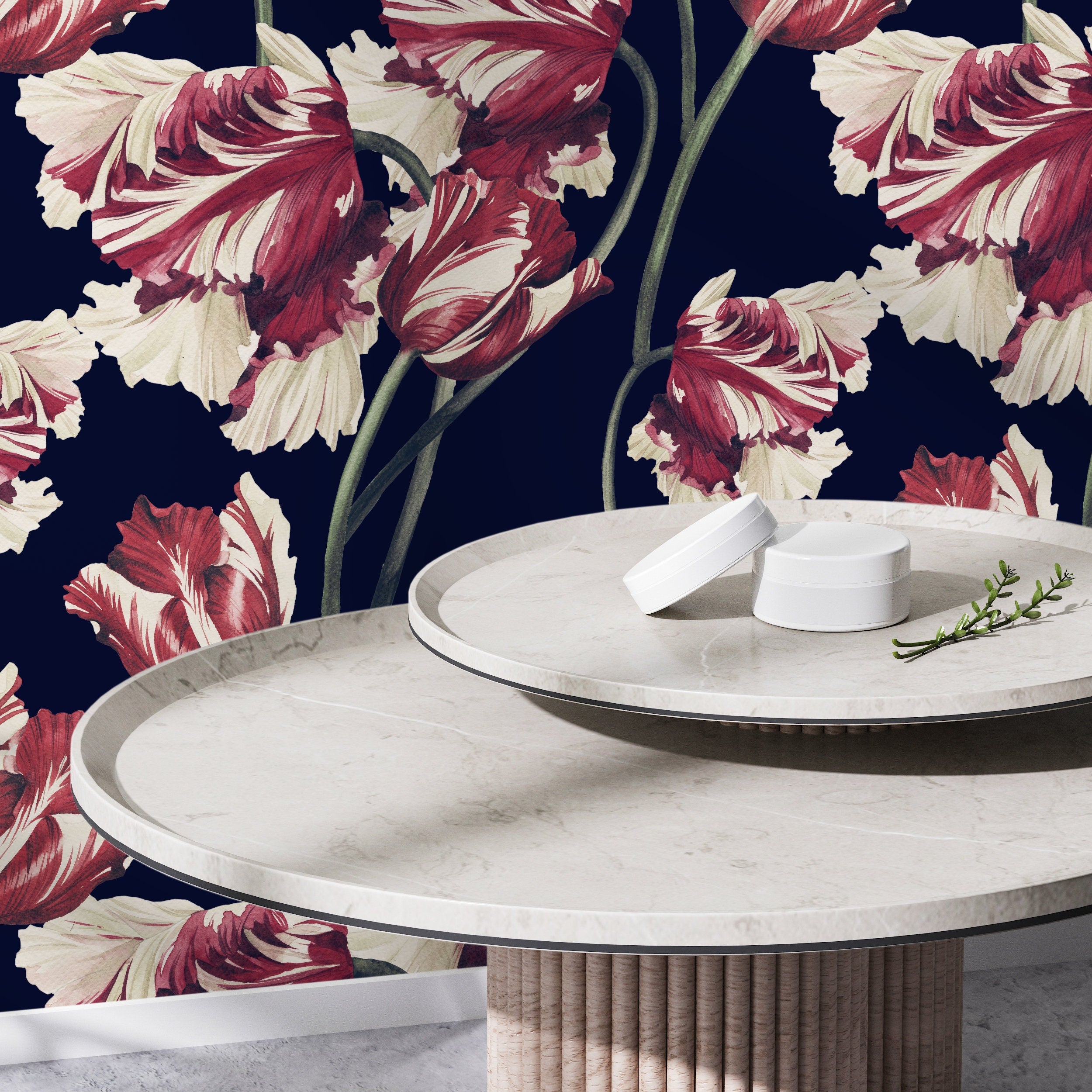 Floral Wallpaper Featuring Vintage Tulips In Red, Cream, And Navy Blue - D647