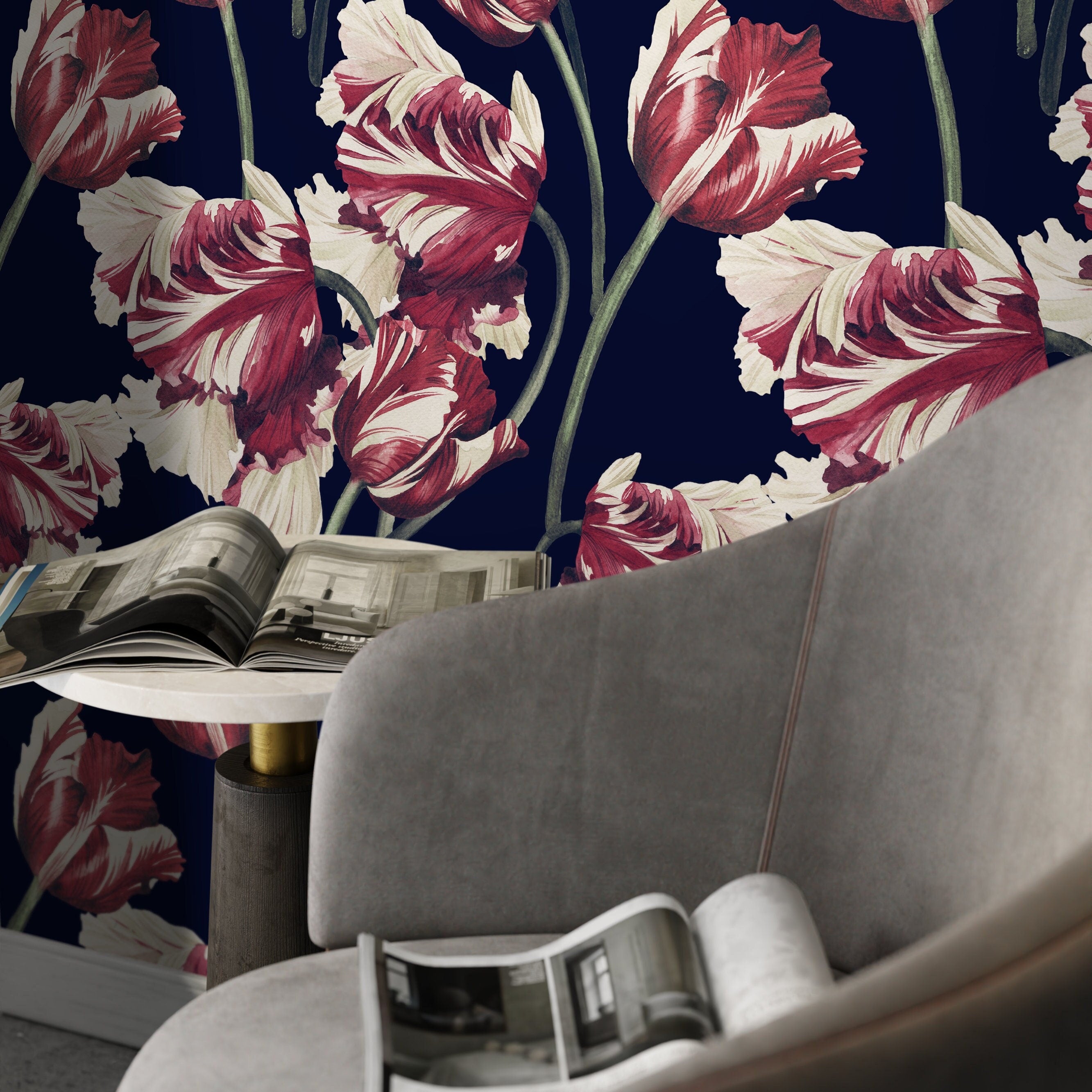 Floral Wallpaper Featuring Vintage Tulips In Red, Cream, And Navy Blue - D647