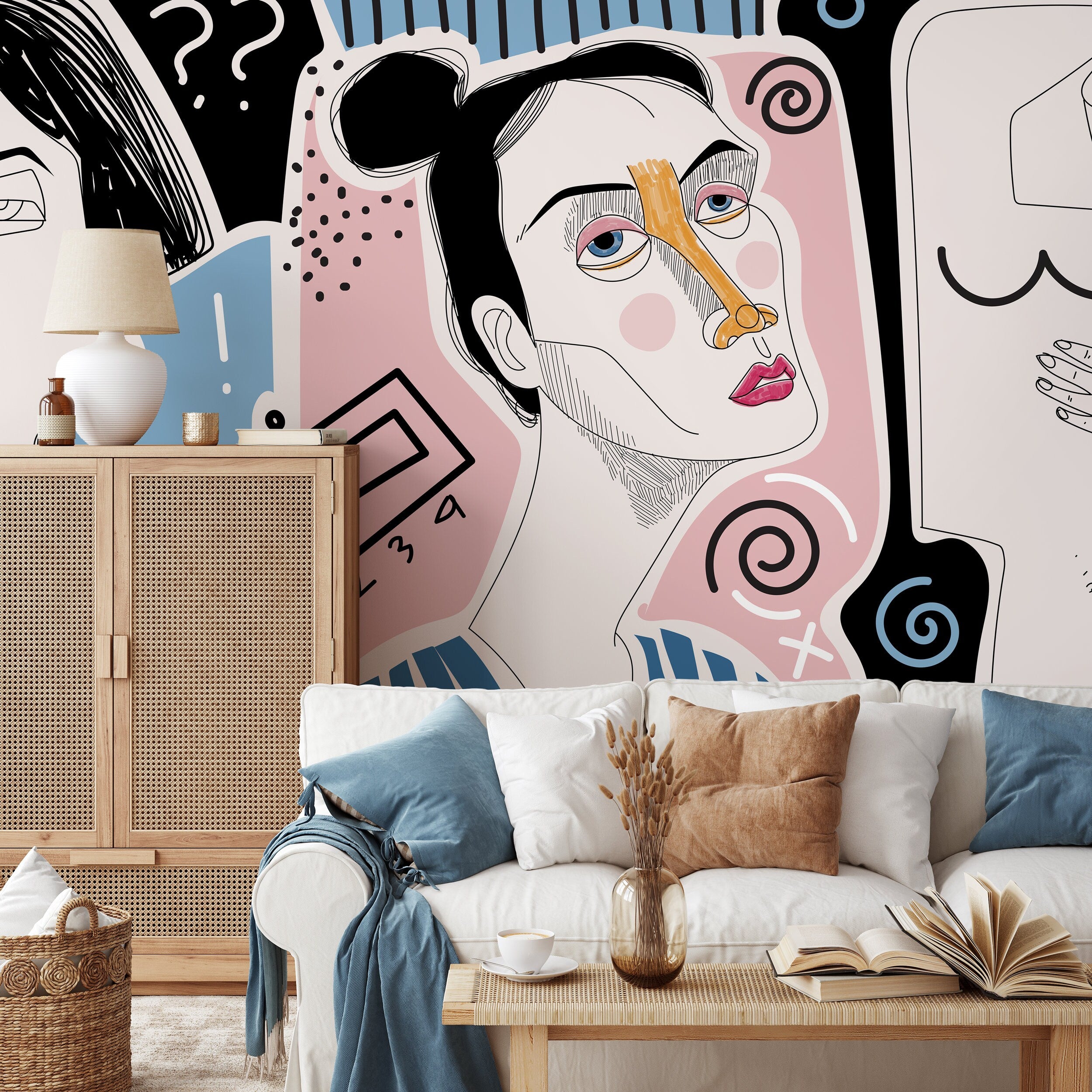 Abstract Wallpaper With Modern Line Art Faces In Pink, Blue, And Black - D580