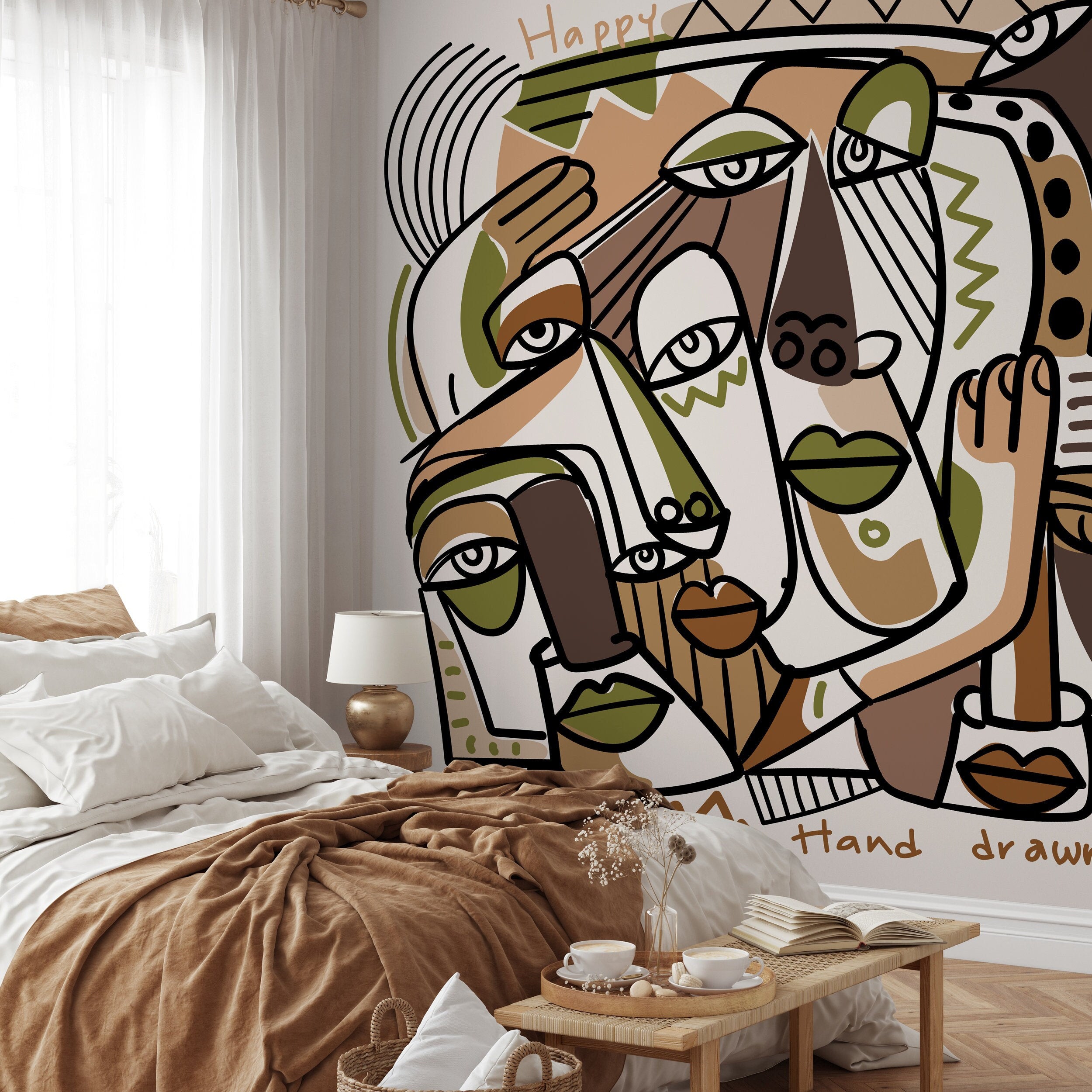 Cubism Wallpaper Inspired By Picasso Faces In Black, Green, And Beige - D581