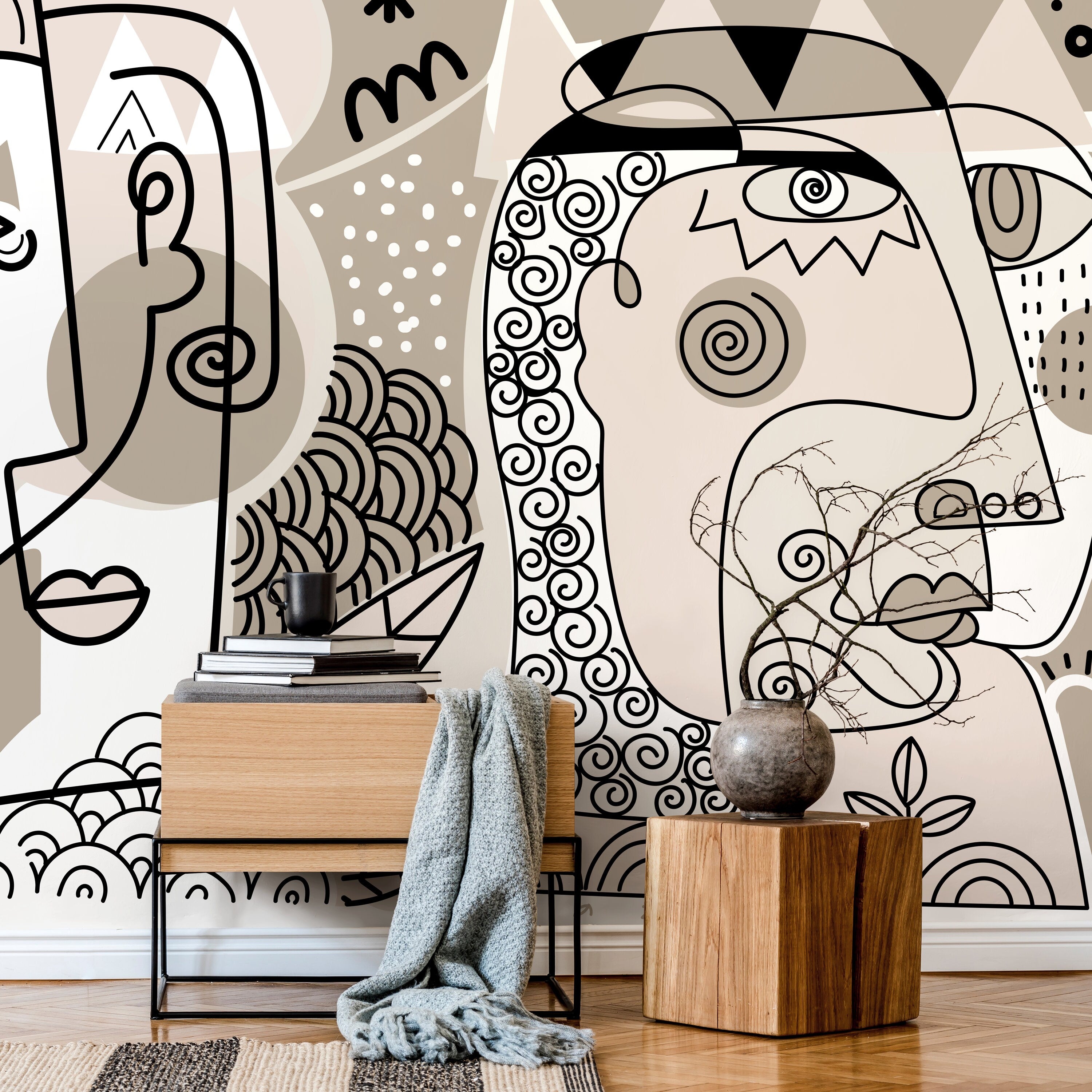 Abstract Wallpaper With Hand-drawn Line Art Faces In Beige, Black, And White - D583