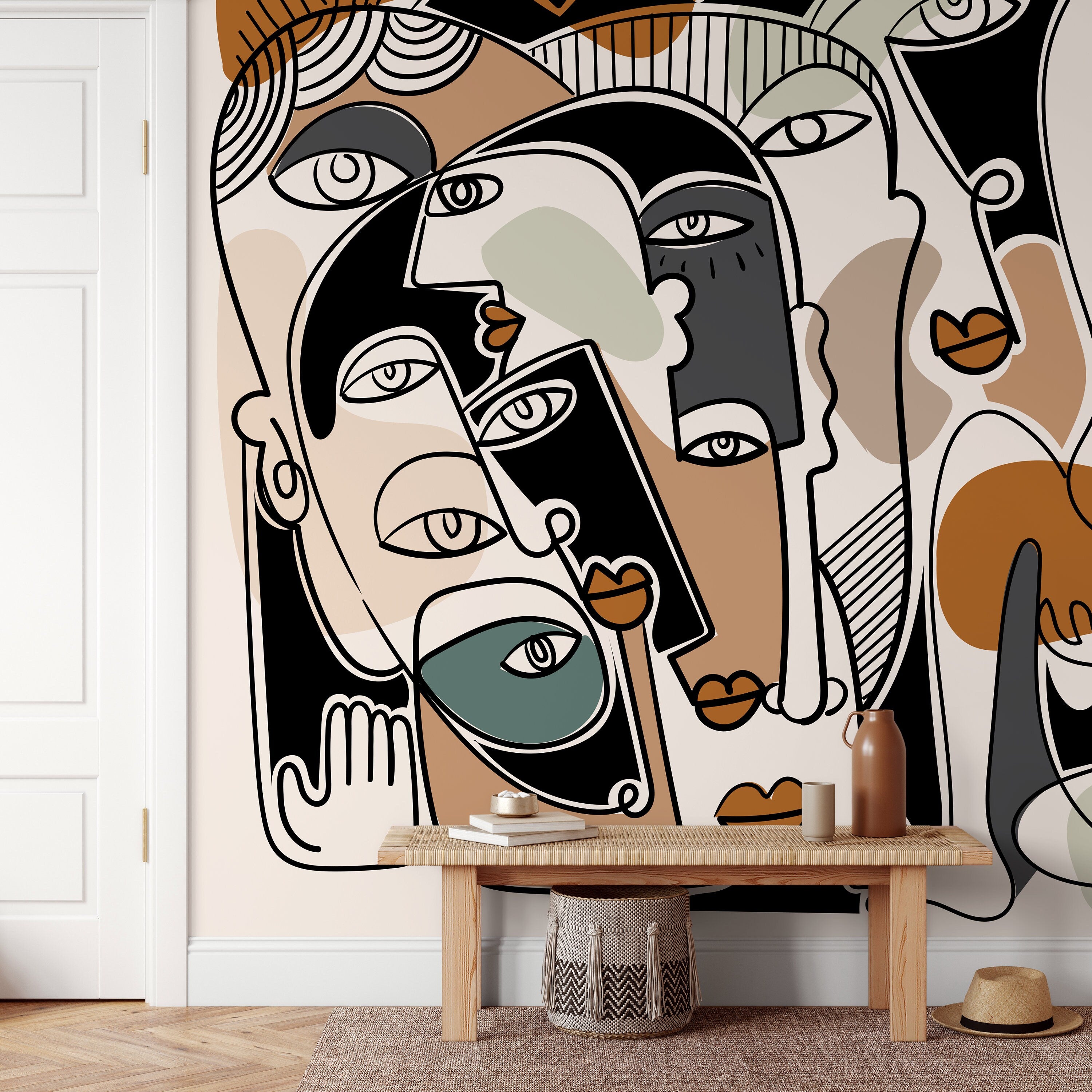 Cubism Wallpaper With Surreal Line Art Faces In Black And Terracotta - D587