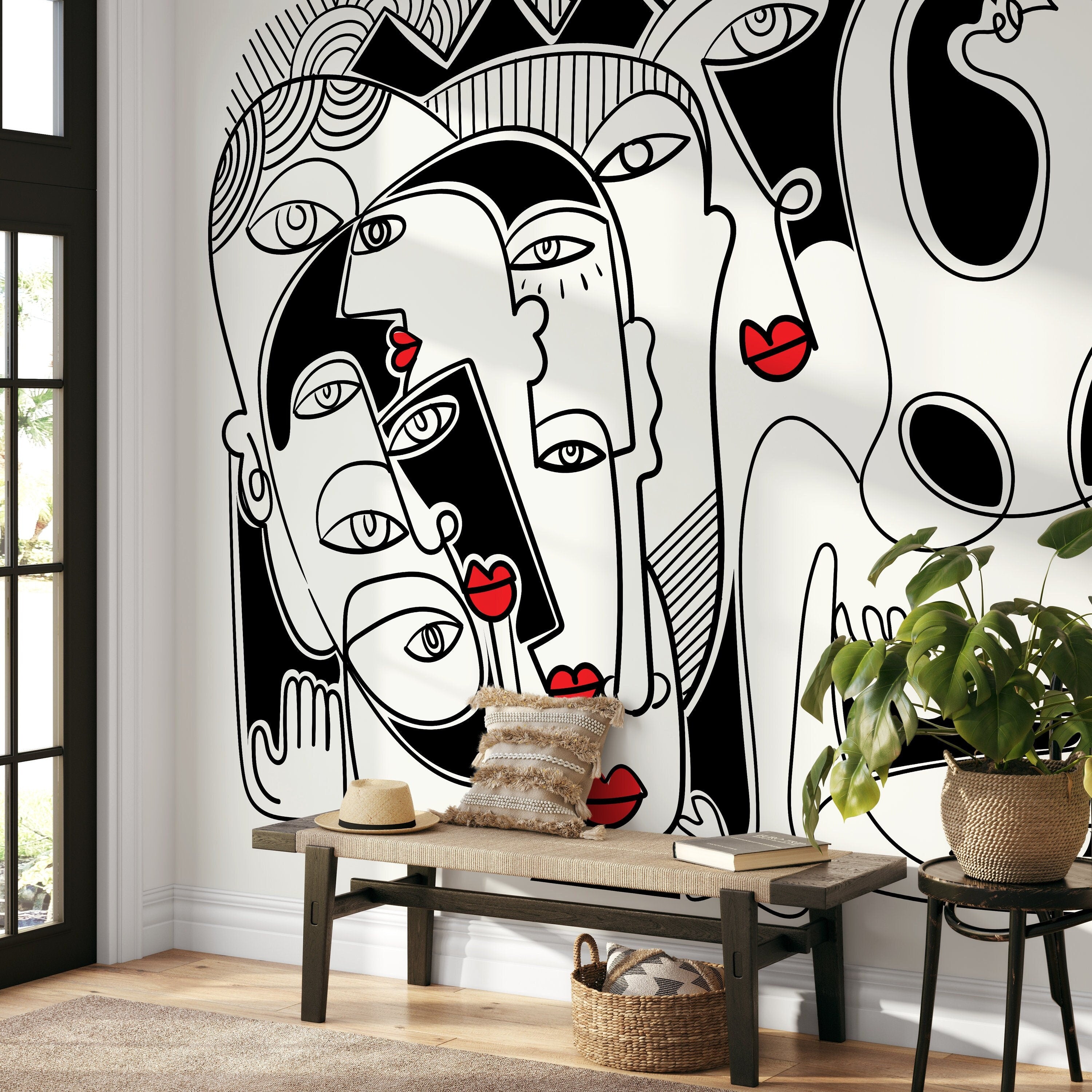 Abstract Wallpaper Inspired By Picasso Faces In Black And Red - D589