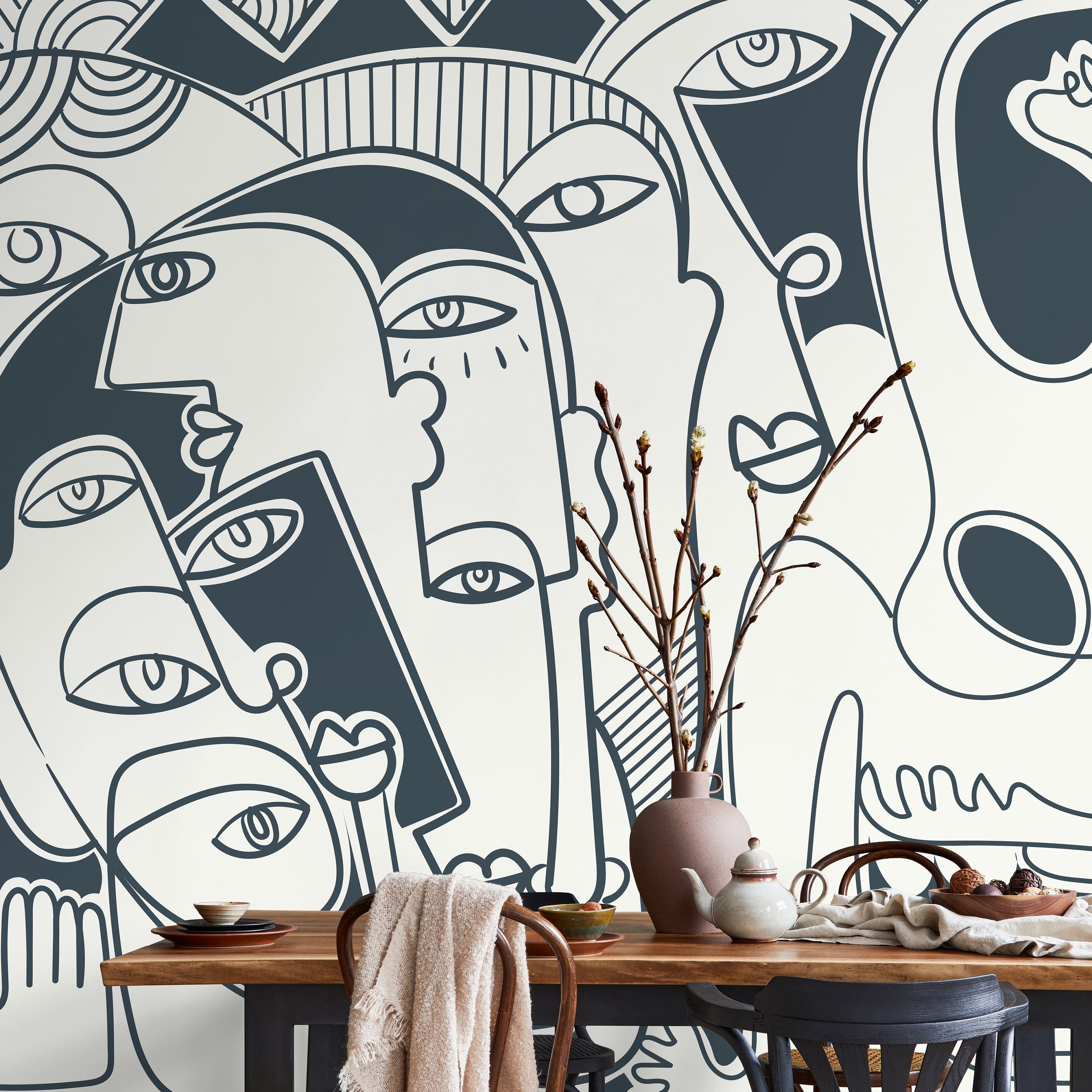 Cubism Wallpaper Inspired By Picasso Faces In Dark Grey - D590