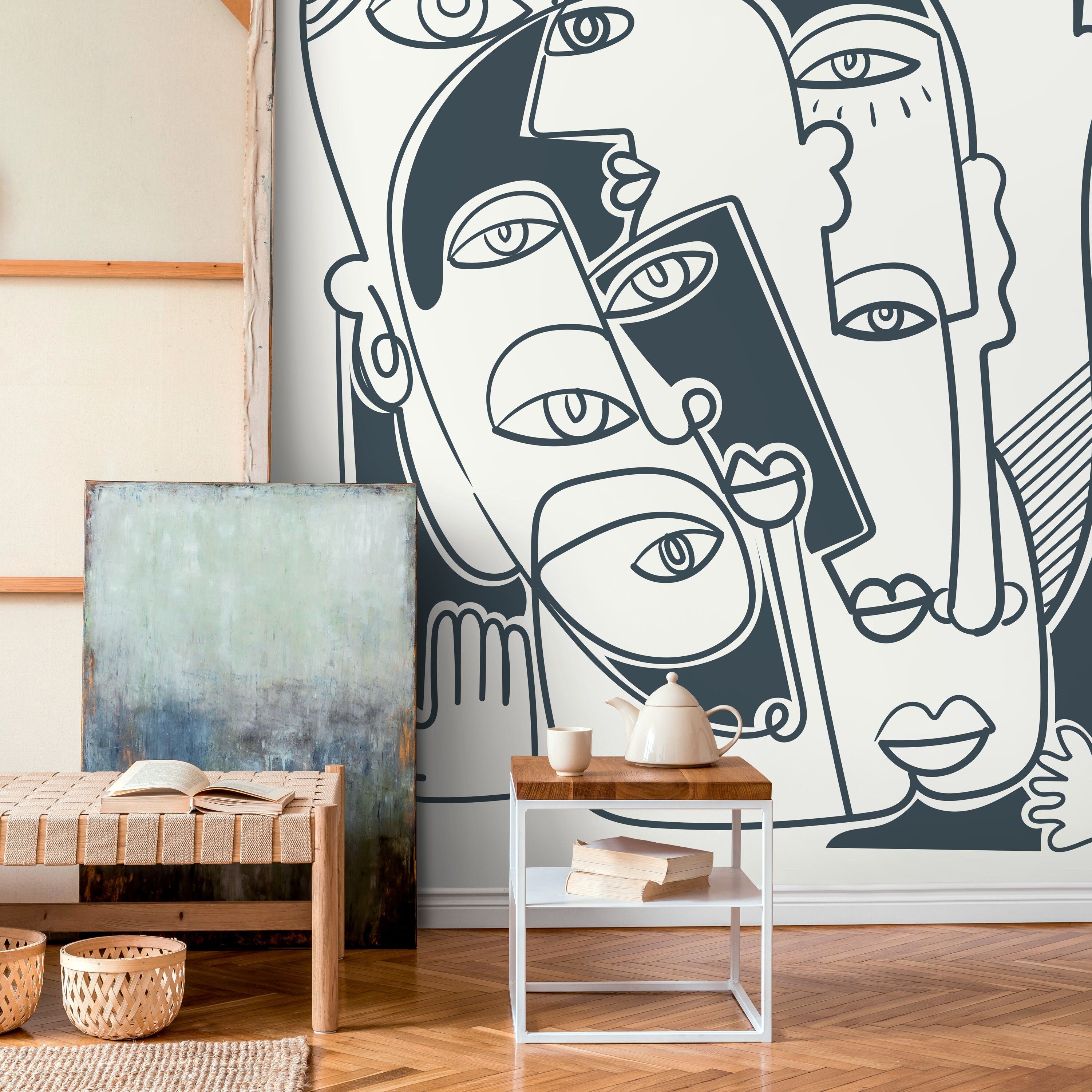 Cubism Wallpaper Inspired By Picasso Faces In Dark Grey - D590