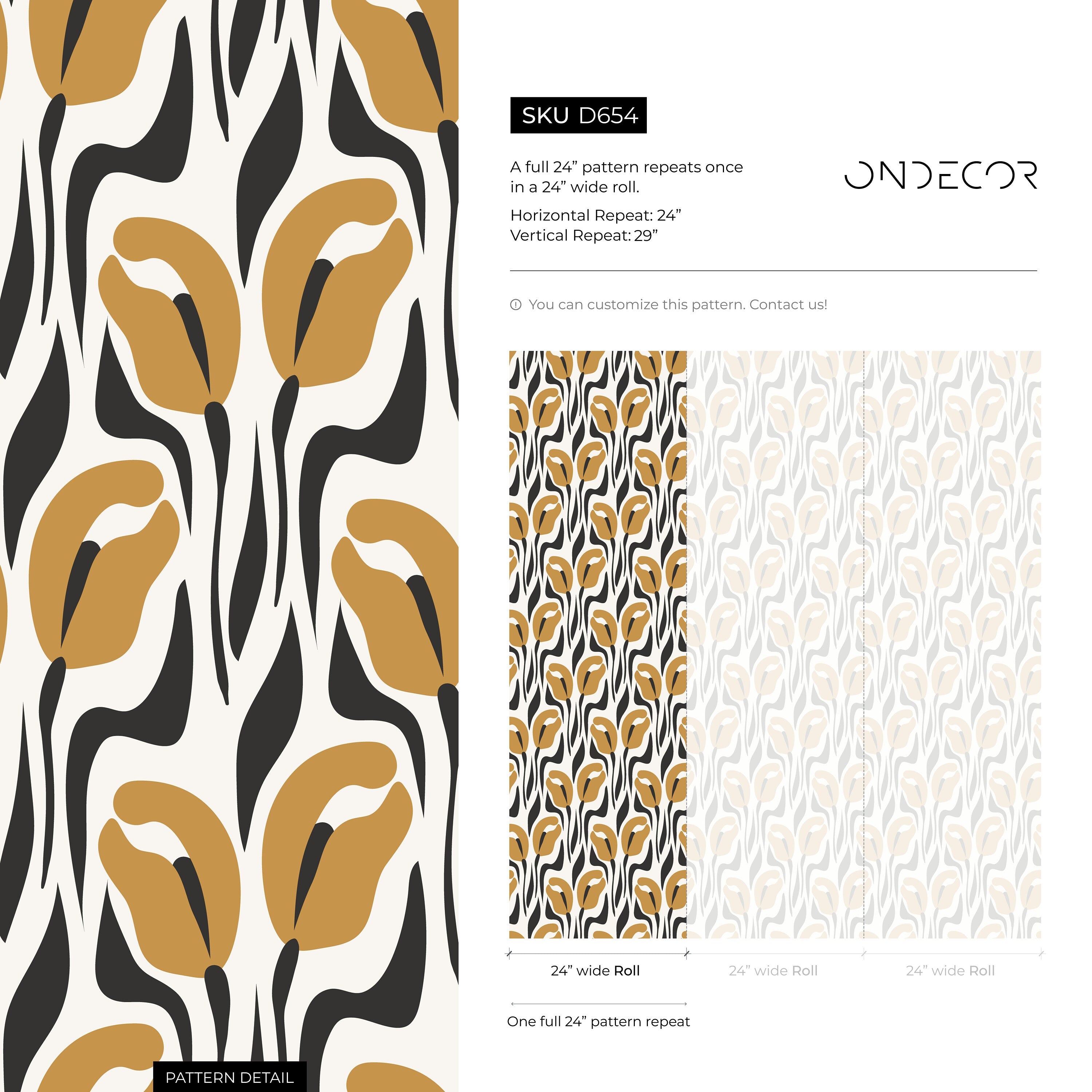 Floral Wallpaper With Abstract Tulips In Mustard Yellow And Black - D654