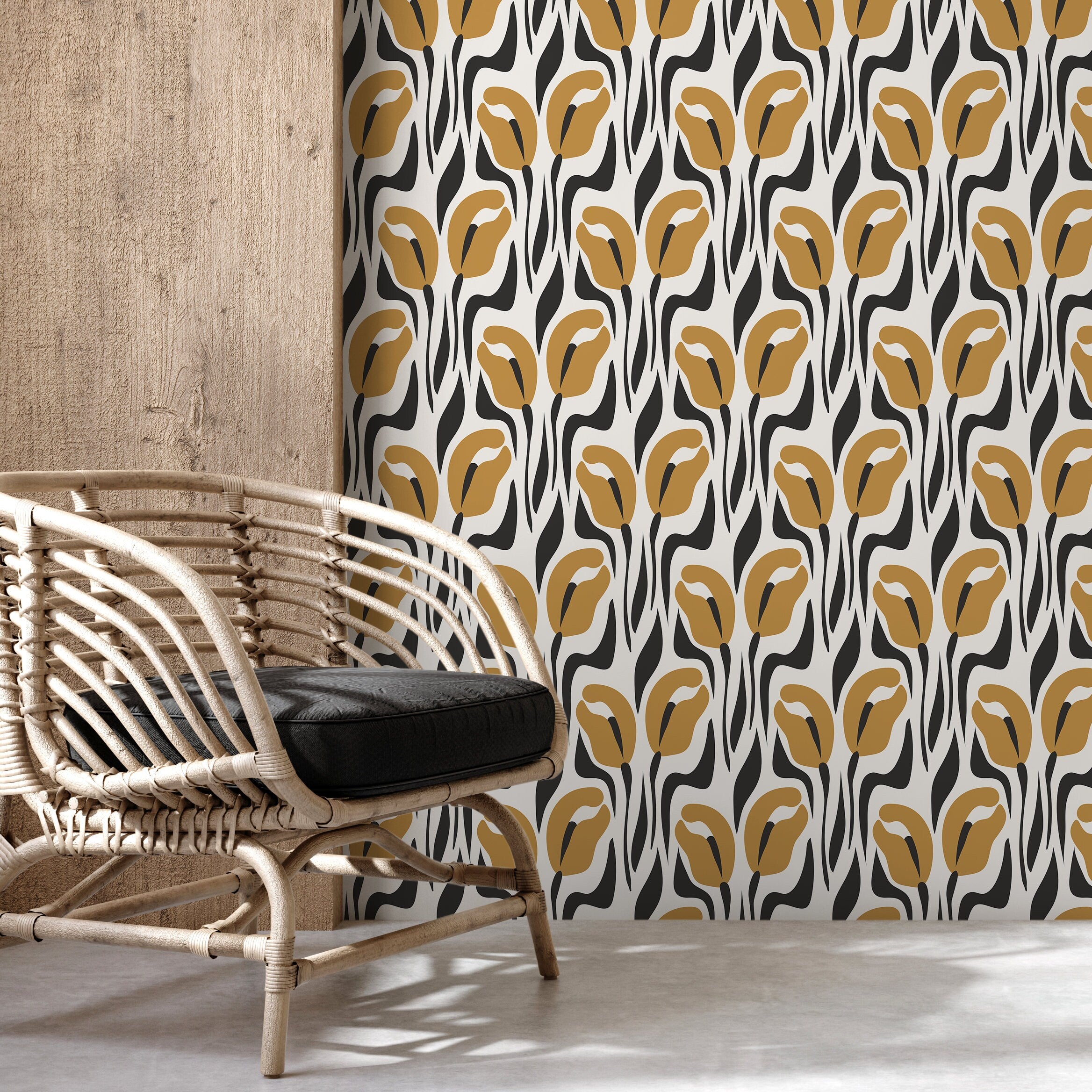 Floral Wallpaper With Abstract Tulips In Mustard Yellow And Black - D654