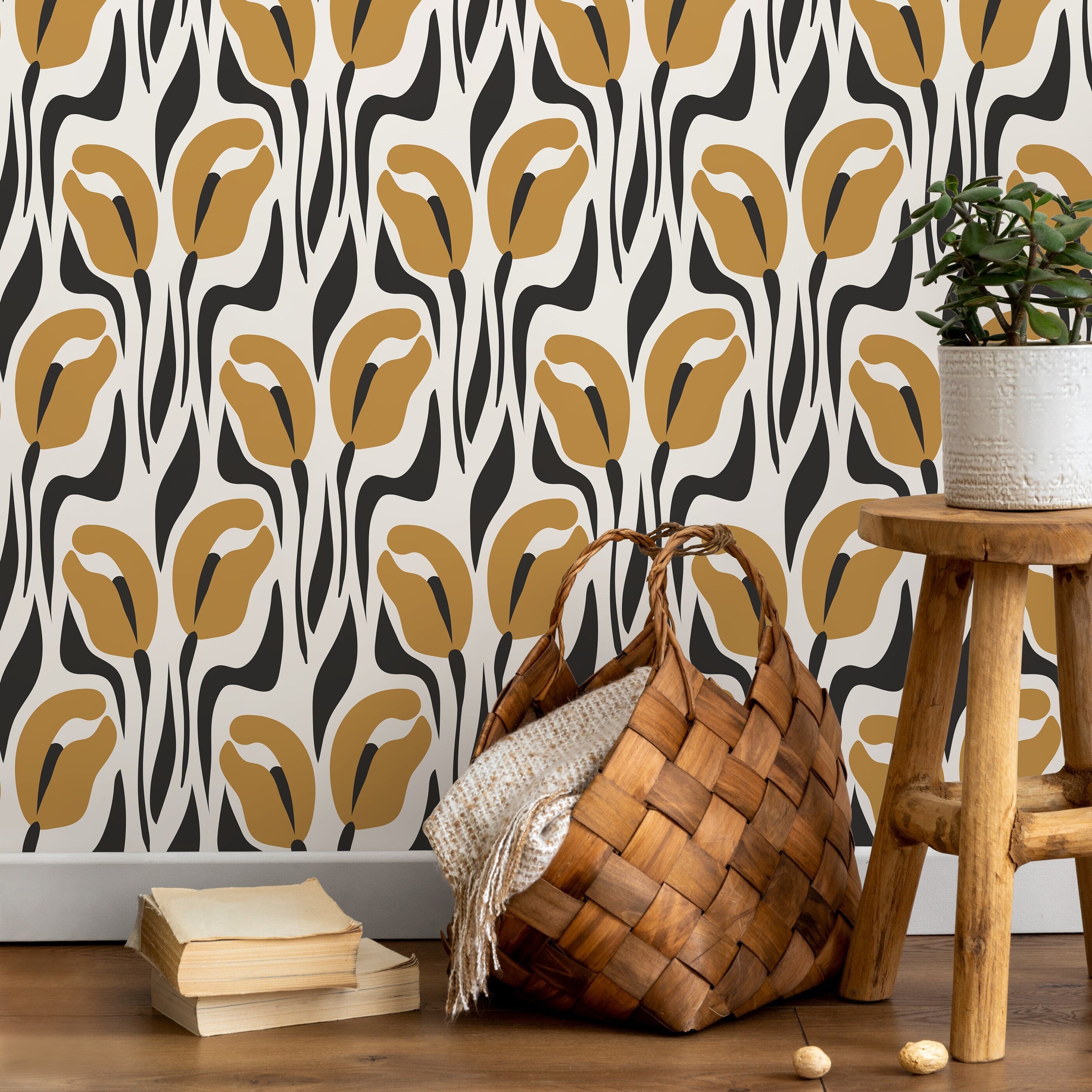 Floral Wallpaper With Abstract Tulips In Mustard Yellow And Black - D654